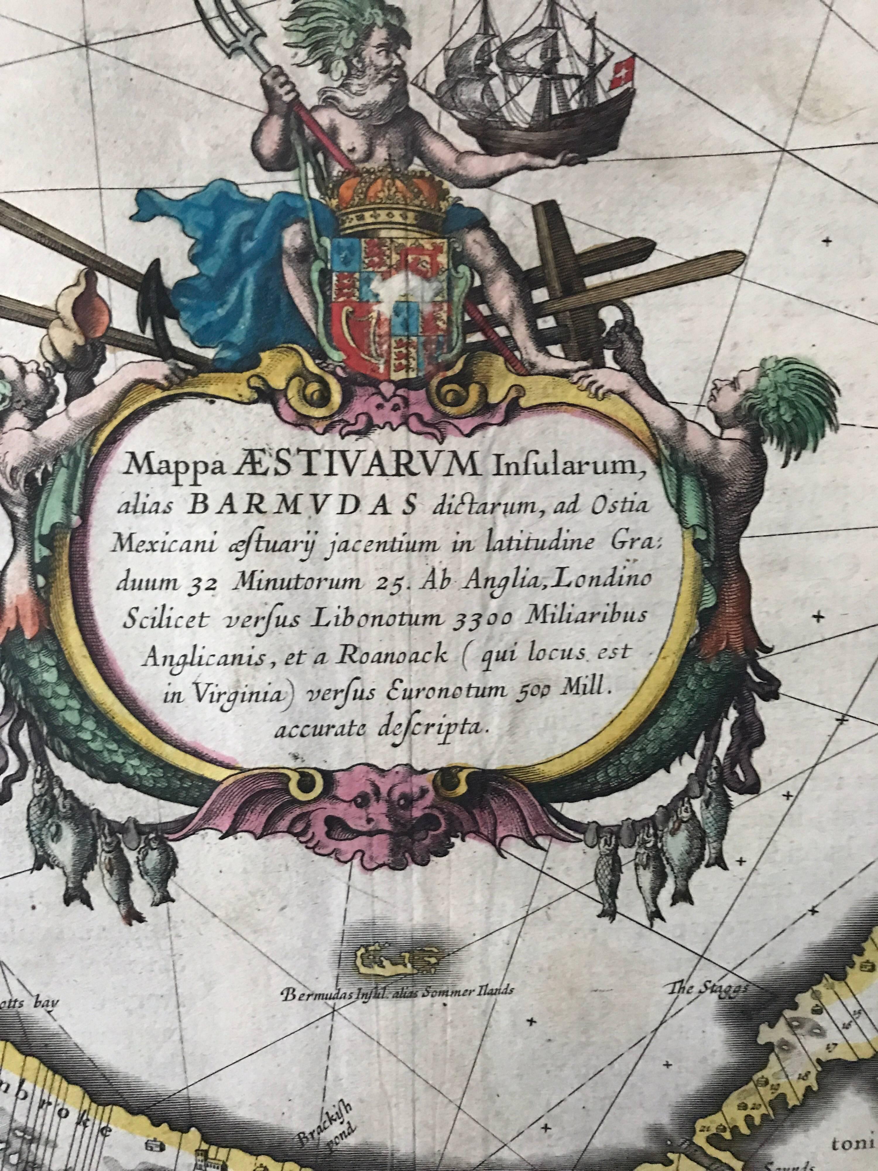 Hand-Painted Map of Bermuda. Guiljelm Blaeuw, Mappa Aestivarum Insularum, Amsterdam 1640 For Sale