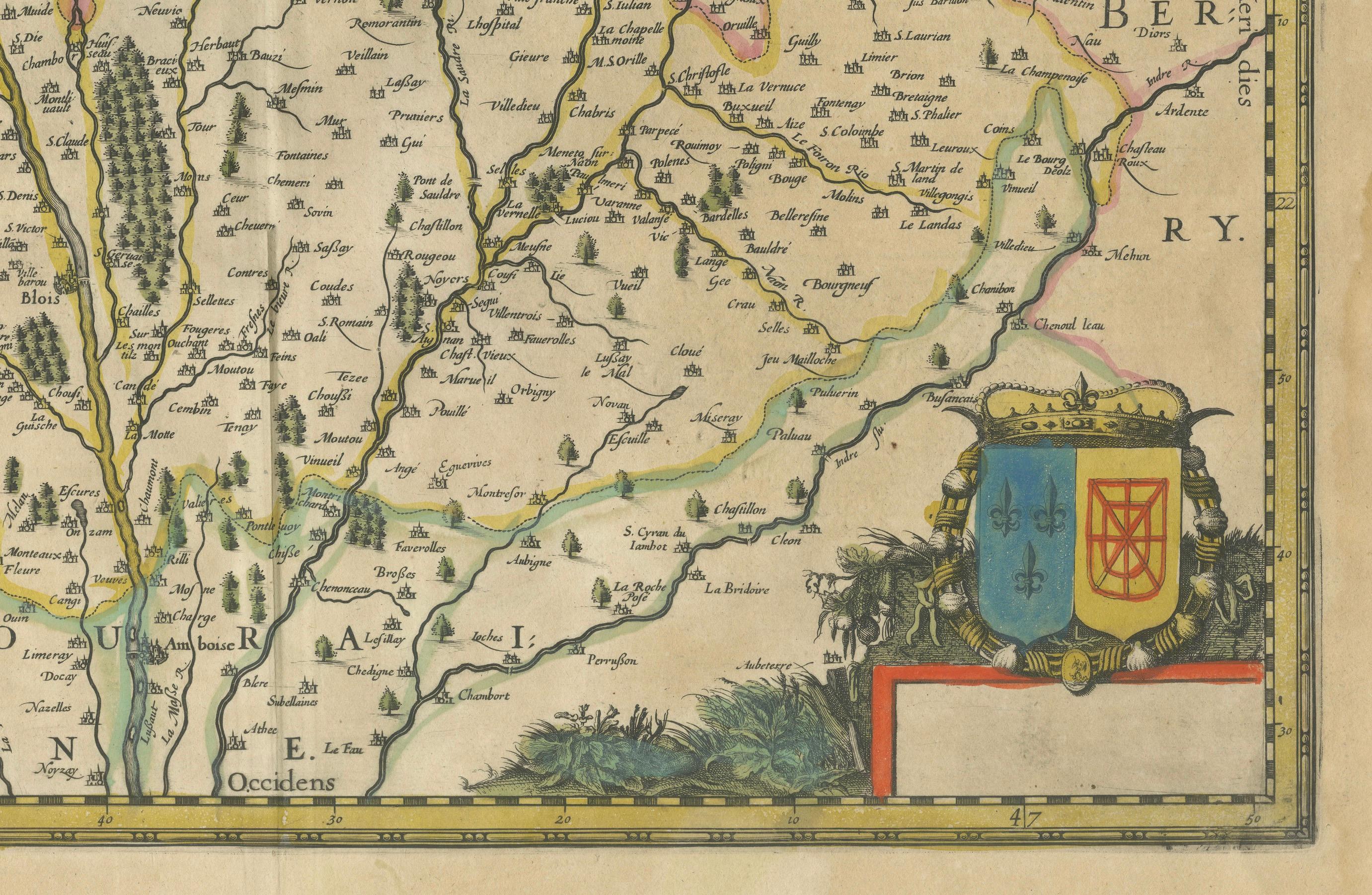 Gravé Carte du Blaisois par Janssonius, 1633, Carte ancienne décorative de la vallée de la Loire en vente
