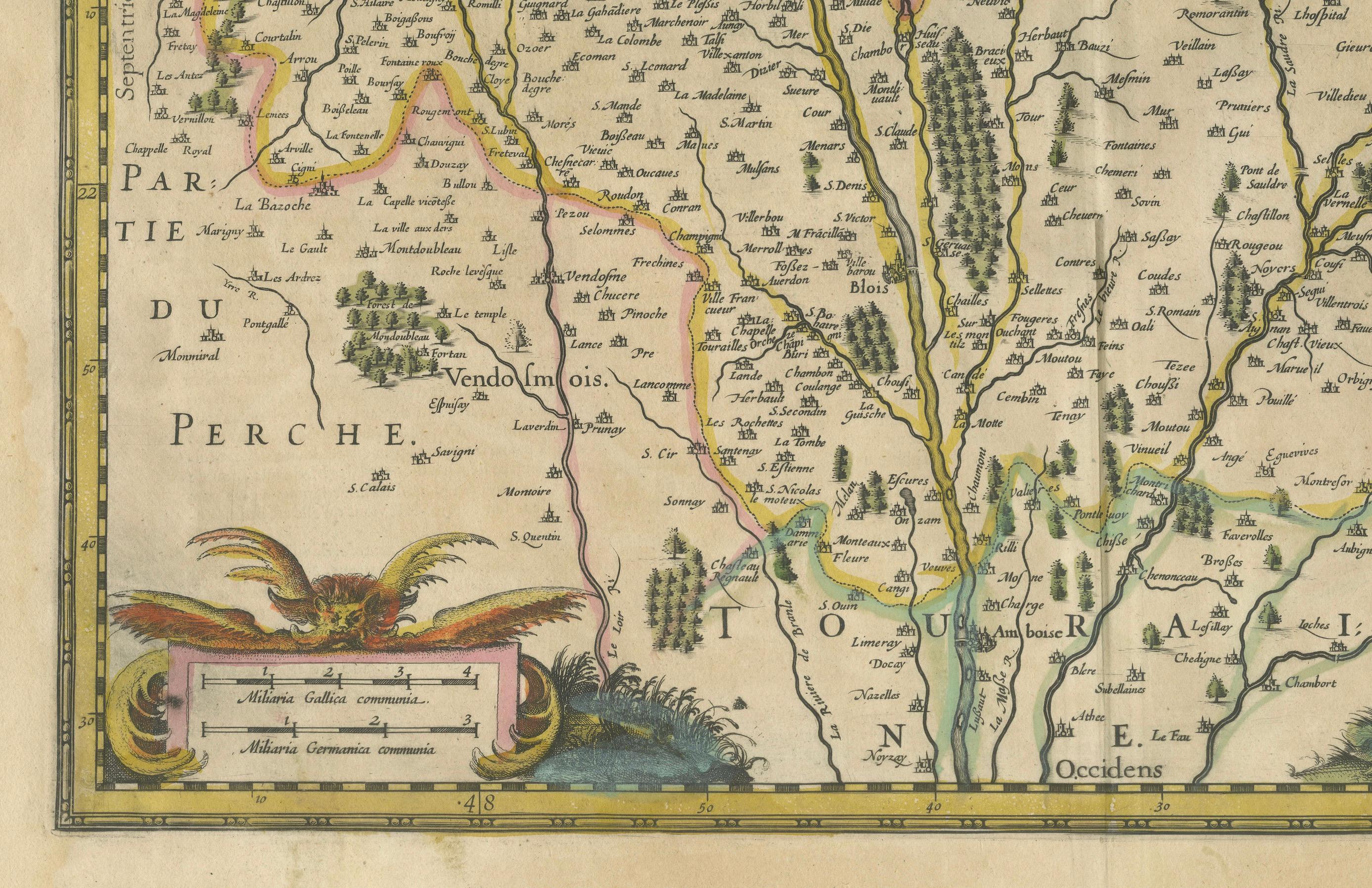 Carte du Blaisois par Janssonius, 1633, Carte ancienne décorative de la vallée de la Loire Bon état - En vente à Langweer, NL