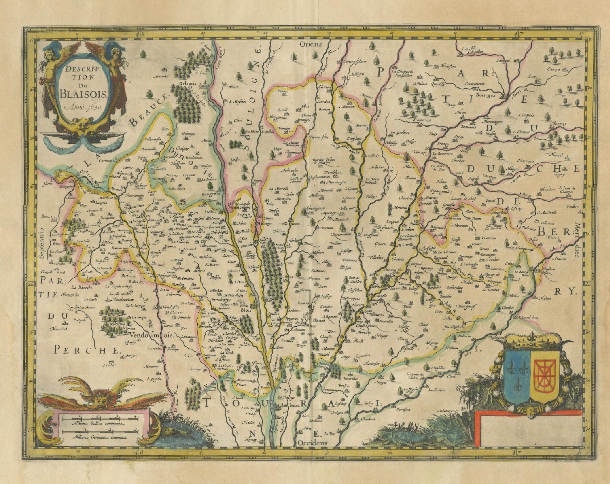 Milieu du XVIIe siècle Carte du Blaisois par Janssonius, 1633, Carte ancienne décorative de la vallée de la Loire en vente
