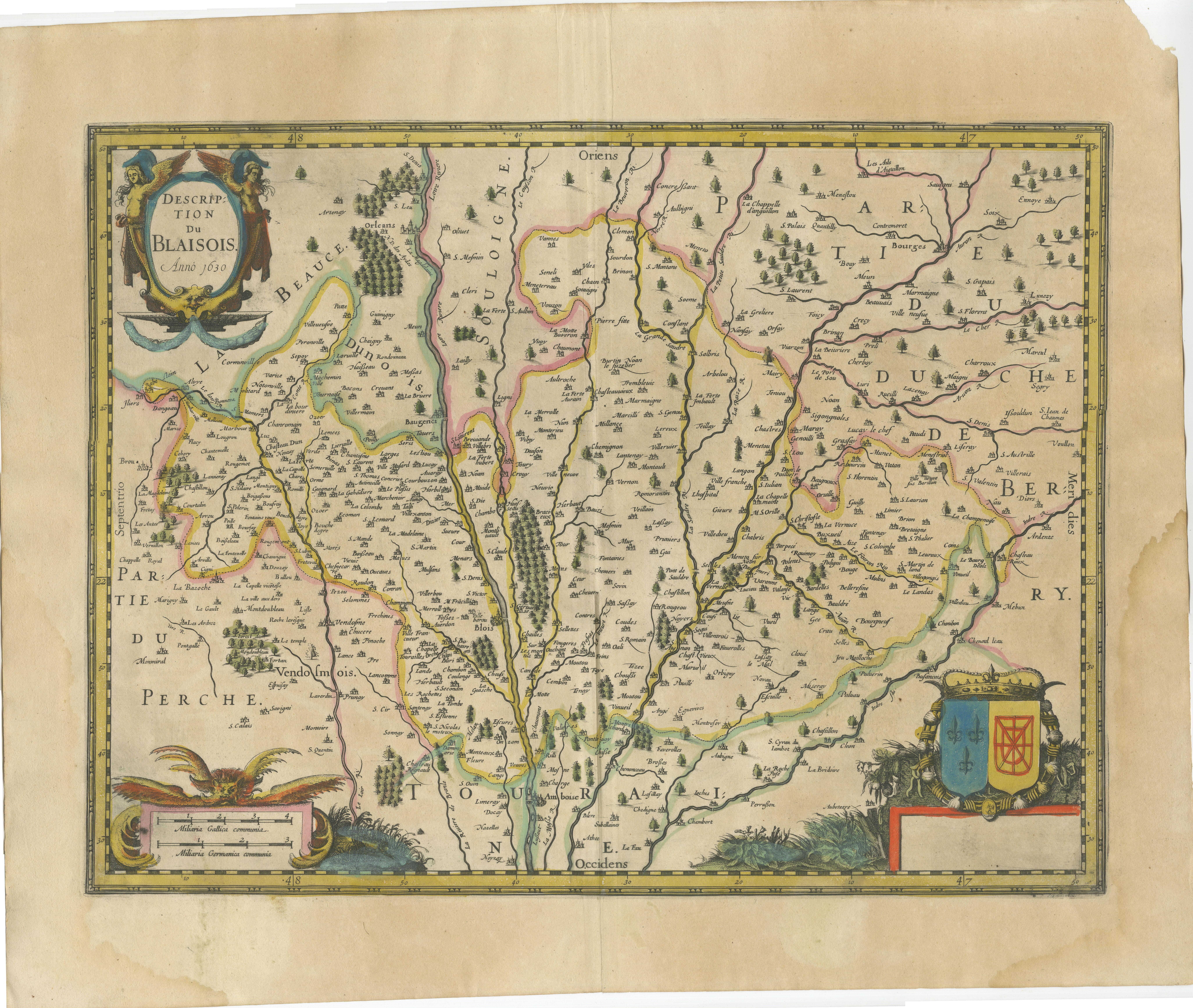 Papier Carte du Blaisois par Janssonius, 1633, Carte ancienne décorative de la vallée de la Loire en vente
