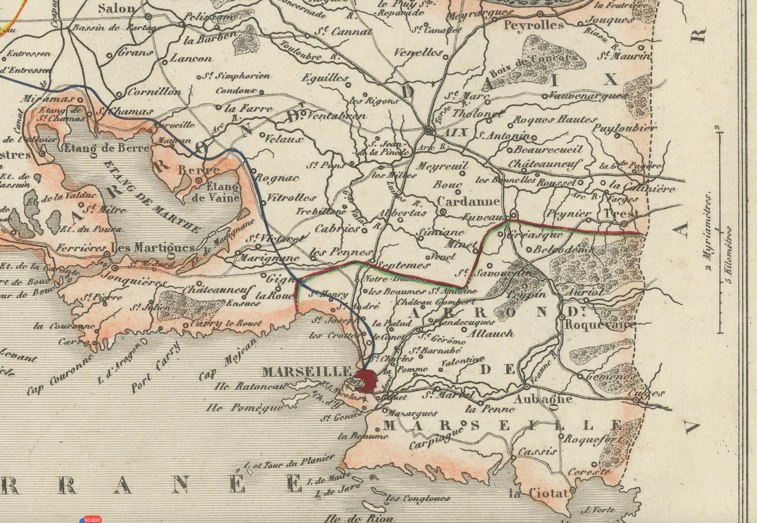Map of Bouches-du-Rhône France with Marseille and Rhône Delta, 19th Century

Description:
This finely engraved 19th-century map of the Bouches-du-Rhône department in southeastern France showcases one of the country’s most iconic Mediterranean