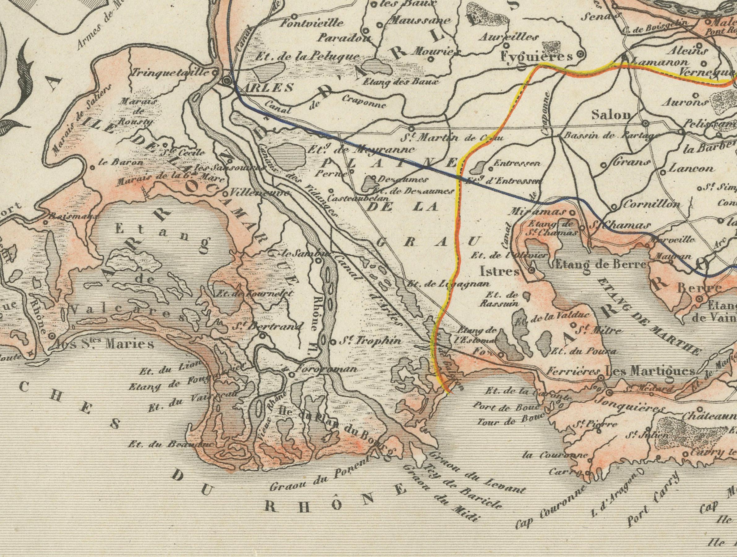 Map of Bouches-du-Rhône France with Marseille and Rhône Delta, 19th Century (Französisch) im Angebot