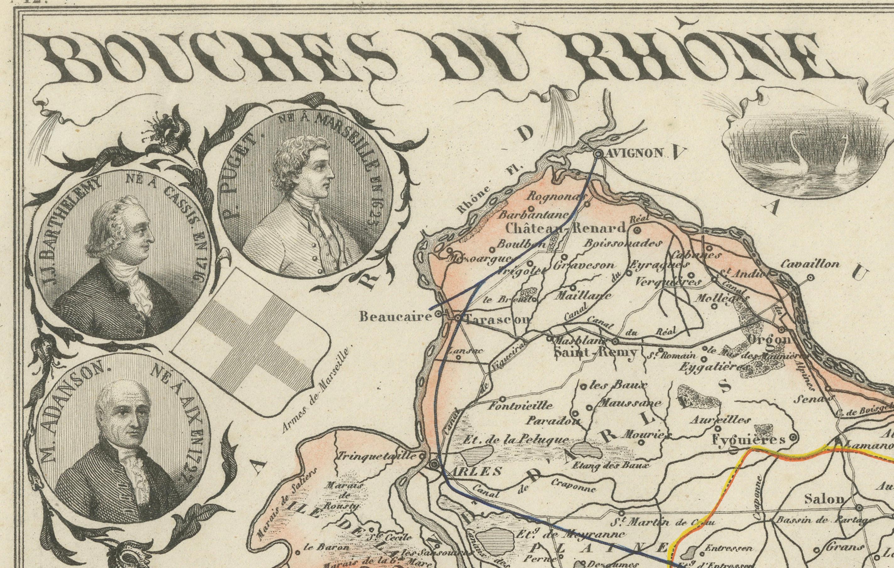 Map of Bouches-du-Rhône France with Marseille and Rhône Delta, 19th Century (Graviert) im Angebot