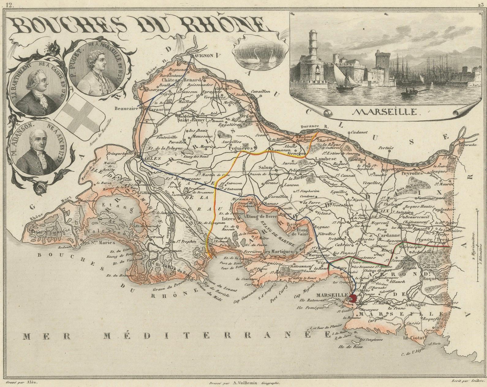 Map of Bouches-du-Rhône France with Marseille and Rhône Delta, 19th Century (19. Jahrhundert) im Angebot