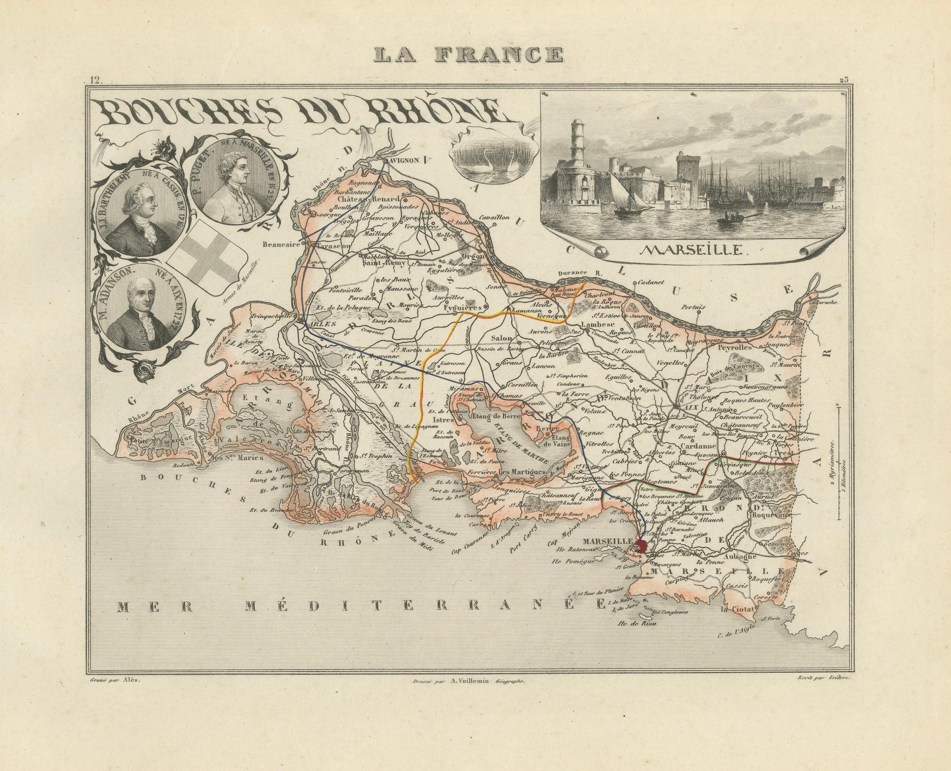 Map of Bouches-du-Rhône France with Marseille and Rhône Delta, 19th Century (Papier) im Angebot