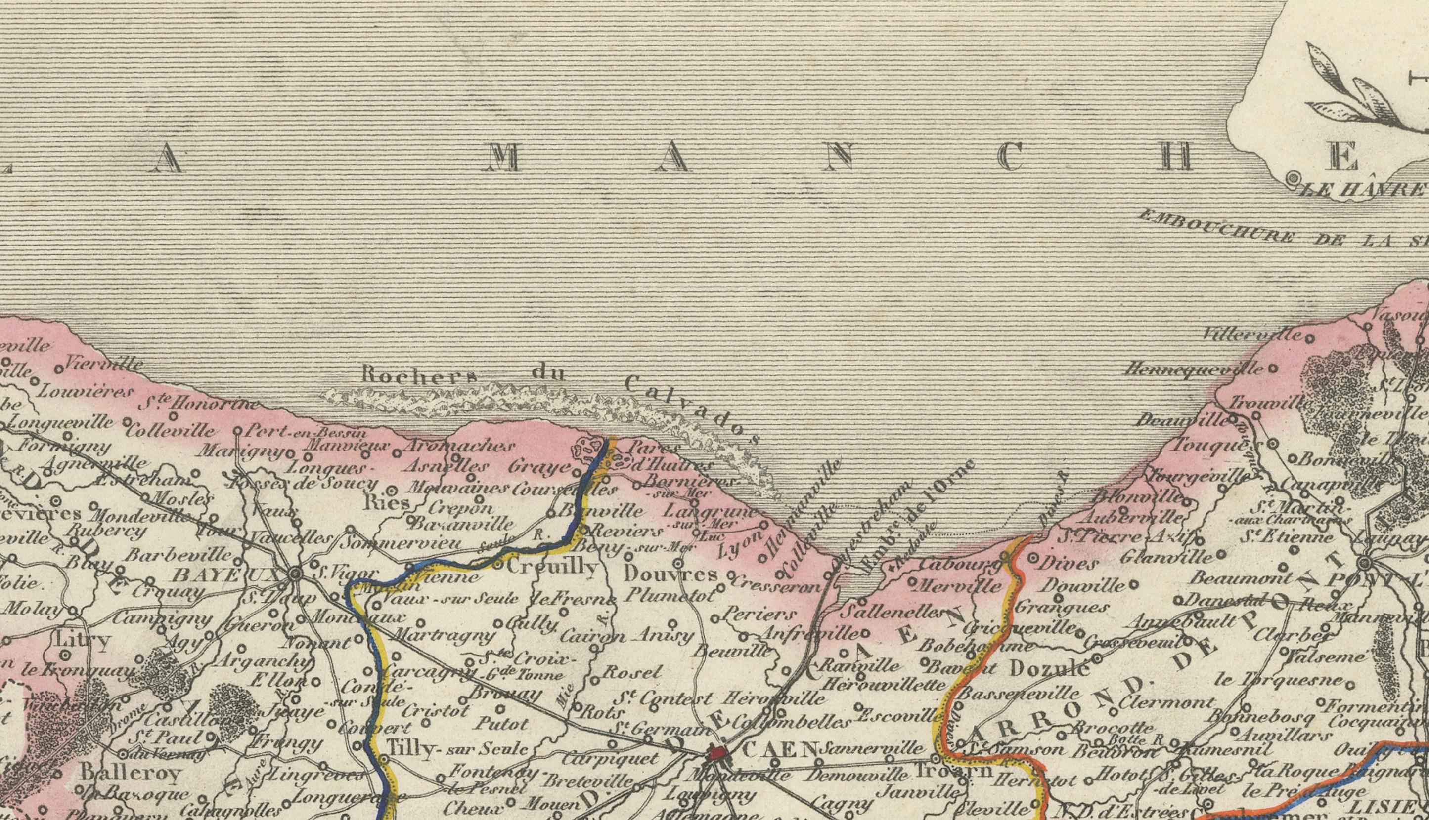 French Map of Calvados France with Caen and Cider-Brandy Region, 19th Century For Sale