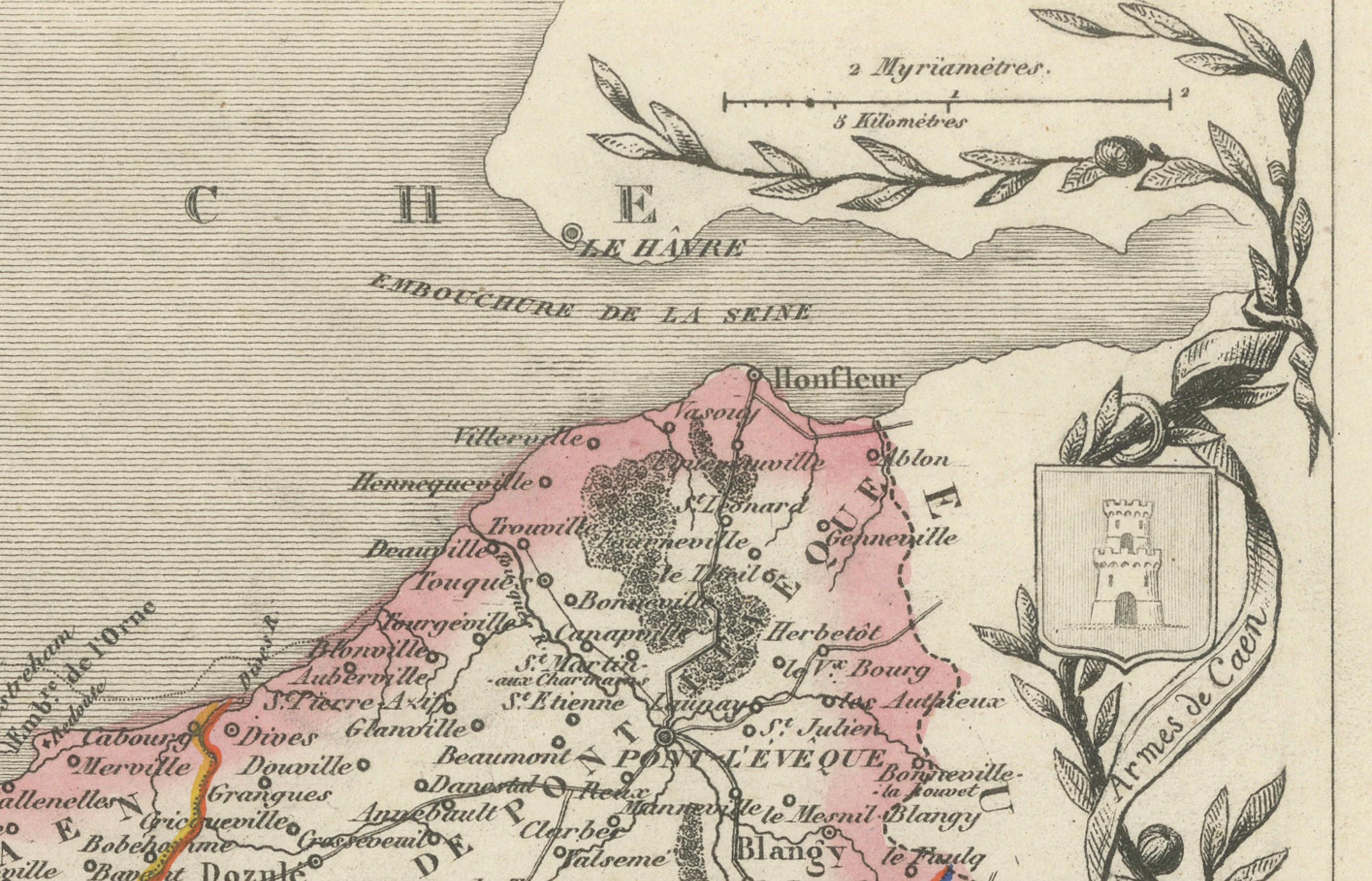 Engraved Map of Calvados France with Caen and Cider-Brandy Region, 19th Century For Sale