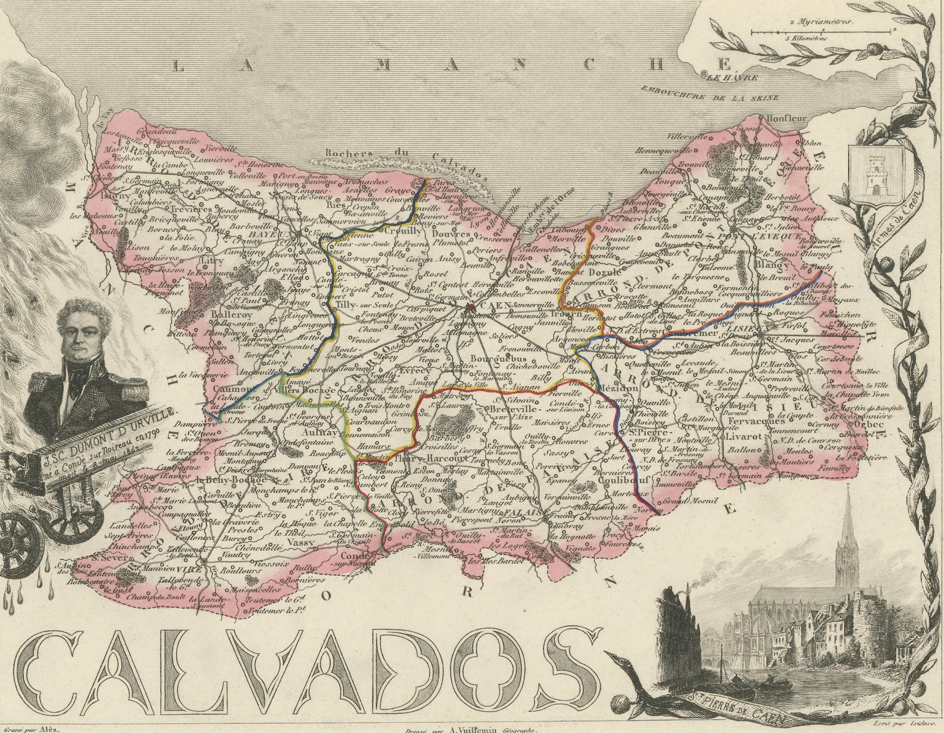 Map of Calvados France with Caen and Cider-Brandy Region, 19th Century For Sale 1
