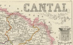 Map of Cantal France with Aurillac, Volcanic Peaks and Rural Life, 19th Century