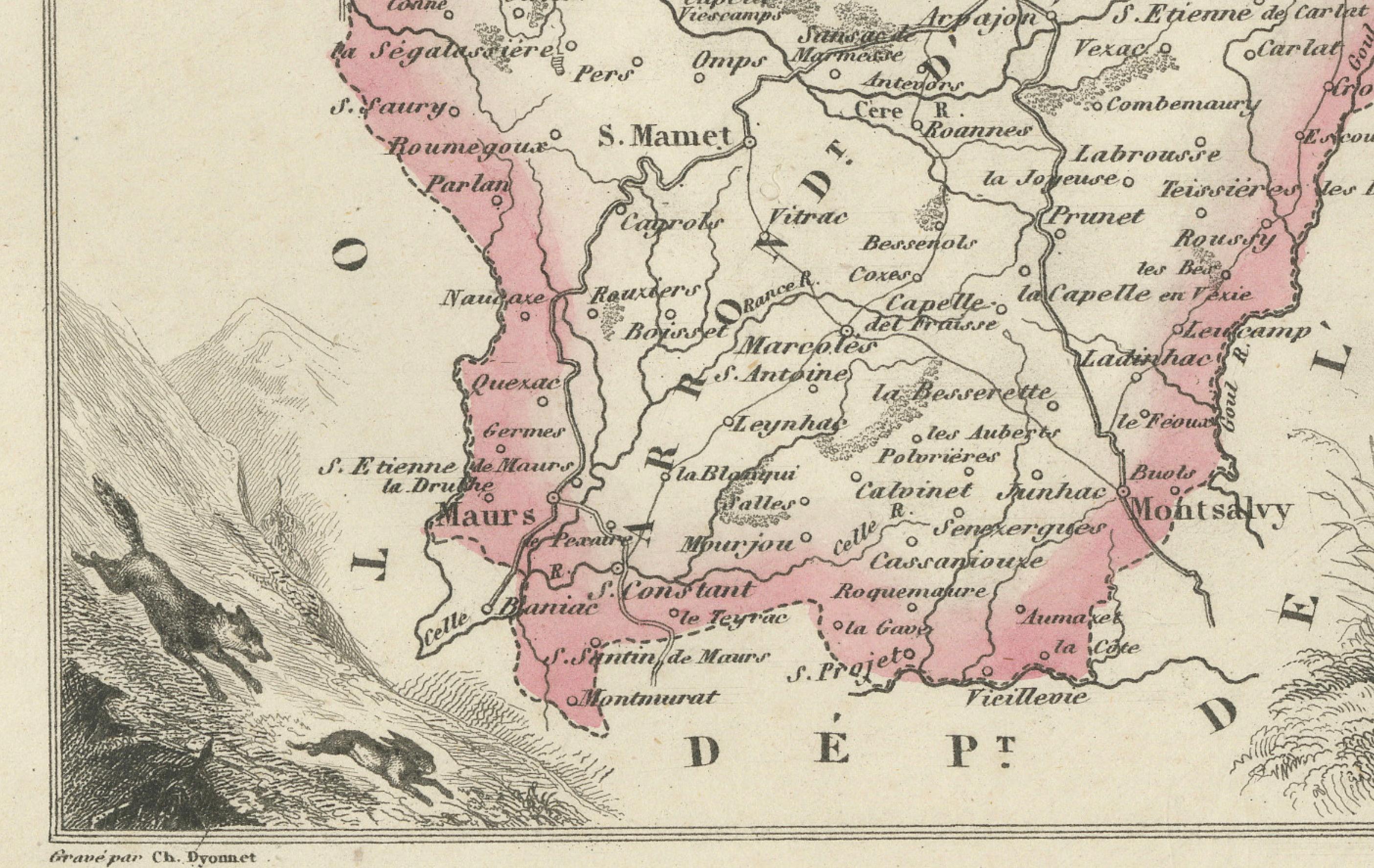 Engraved Map of Cantal France with Aurillac, Volcanic Peaks and Rural Life, 19th Century For Sale