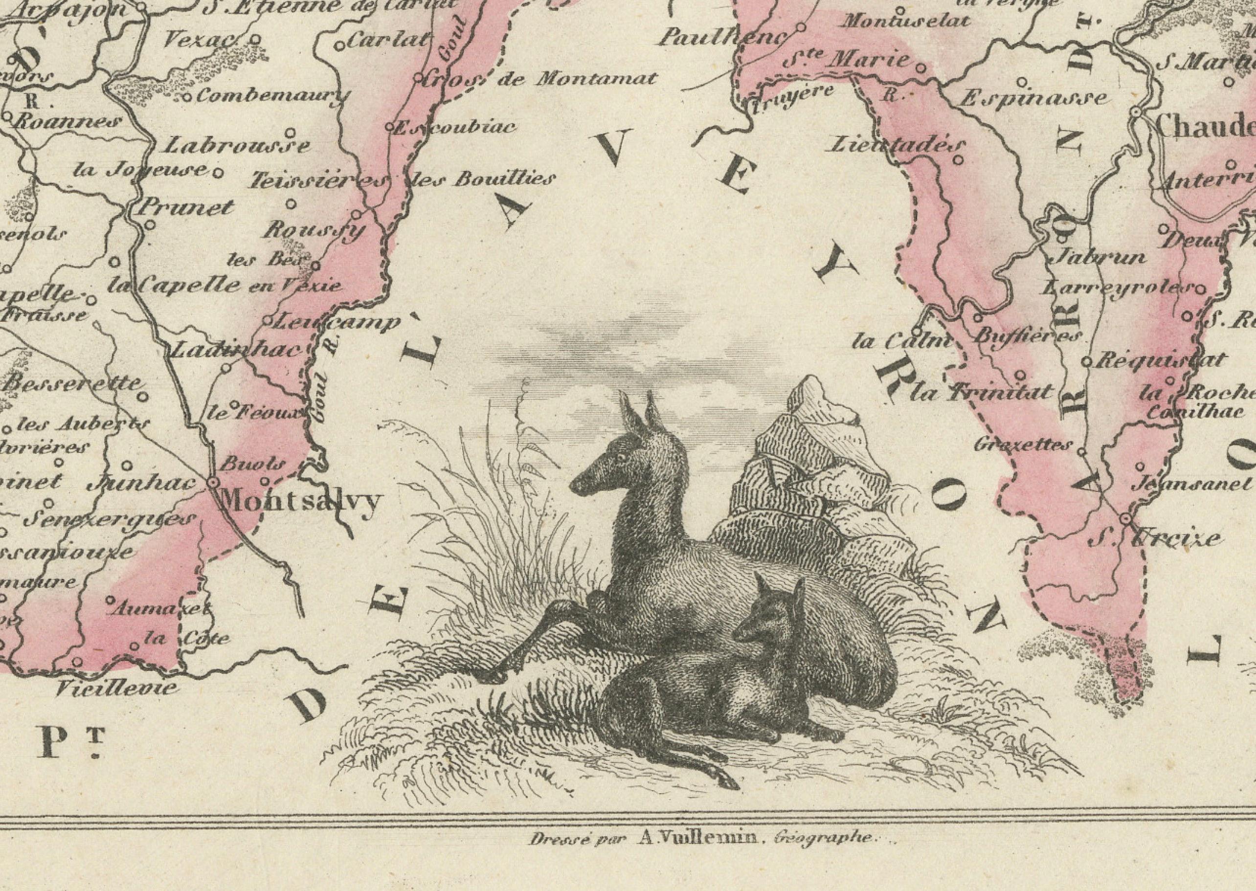 Map of Cantal France with Aurillac, Volcanic Peaks and Rural Life, 19th Century In Good Condition For Sale In Langweer, NL