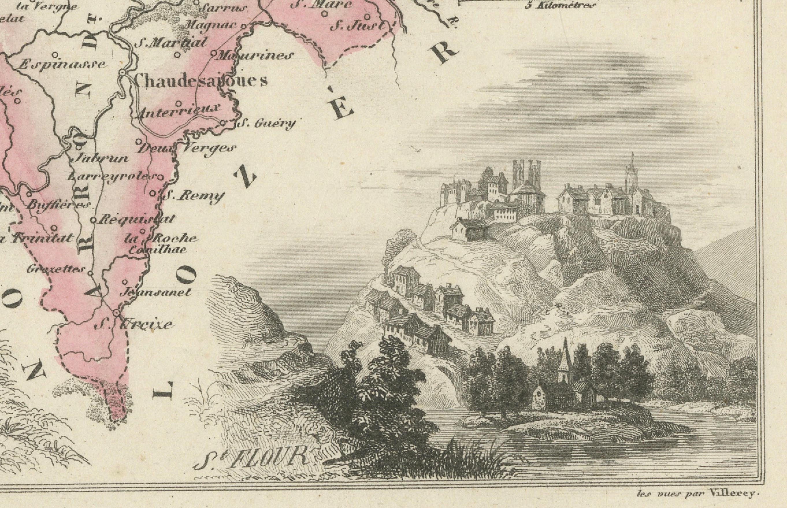 Paper Map of Cantal France with Aurillac, Volcanic Peaks and Rural Life, 19th Century For Sale