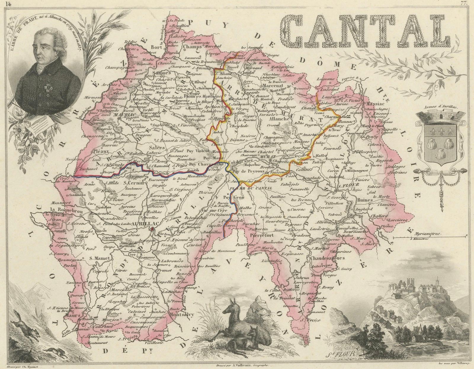 Map of Cantal France with Aurillac, Volcanic Peaks and Rural Life, 19th Century For Sale 1