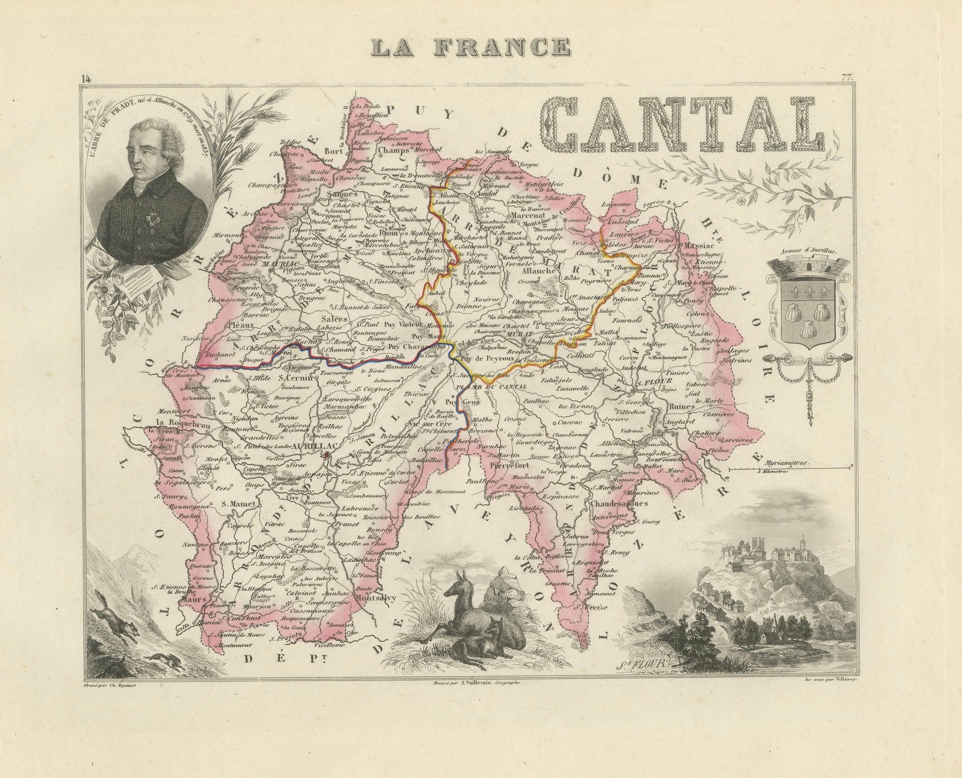 Map of Cantal France with Aurillac, Volcanic Peaks and Rural Life, 19th Century For Sale 2