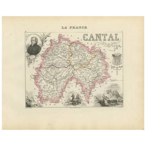 Map of Cantal France with Aurillac, Volcanic Peaks and Rural Life, 19th Century