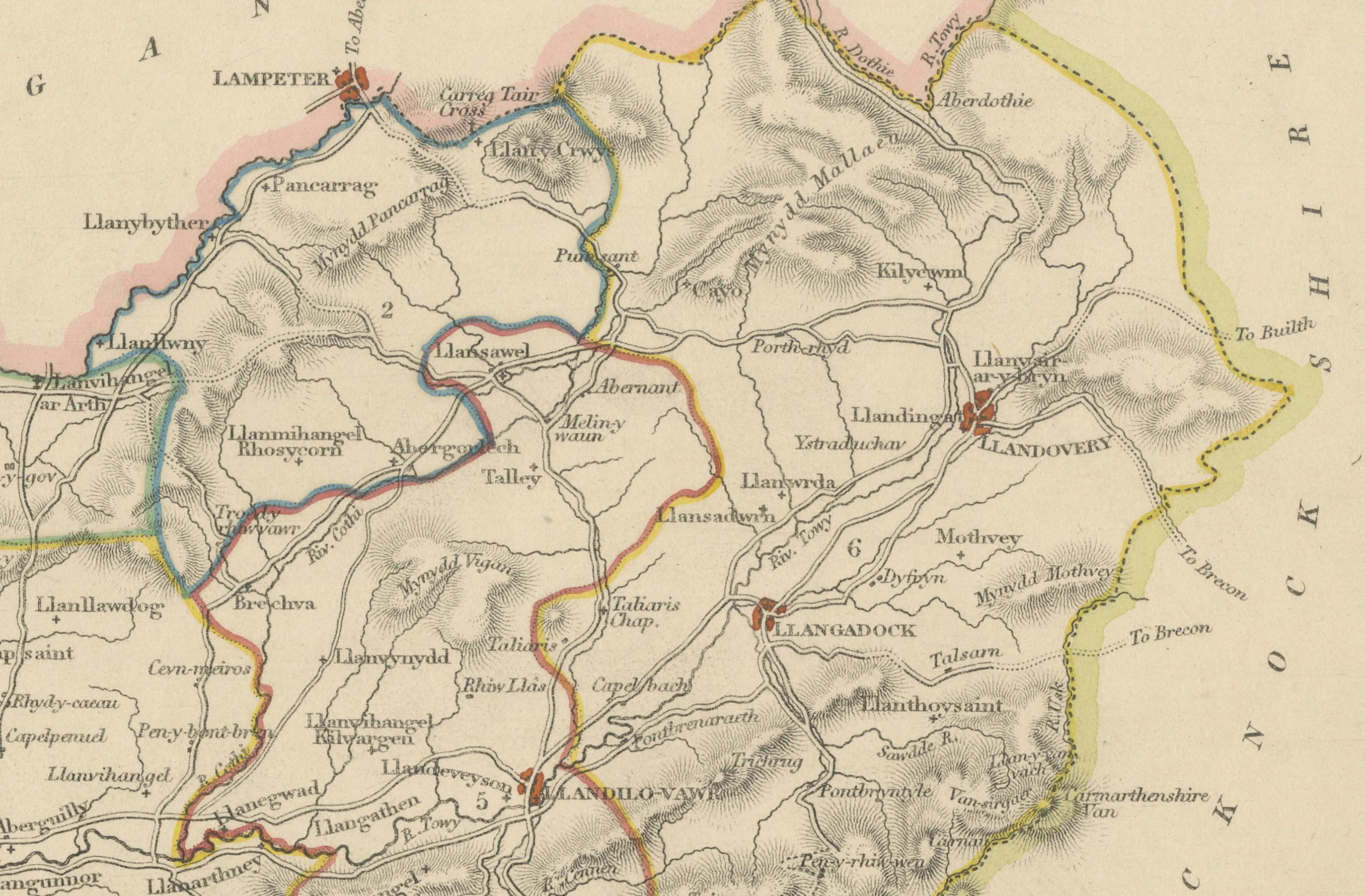 Title:  Old Map of Carmarthenshire by Samuel Lewis 1844 – Carmarthen Llandeilo Llanelli Laugharne Llandovery

Description:  This detailed 1844 map of Carmarthenshire was drawn and engraved for Samuel Lewis’ Topographical Dictionary of Wales. It