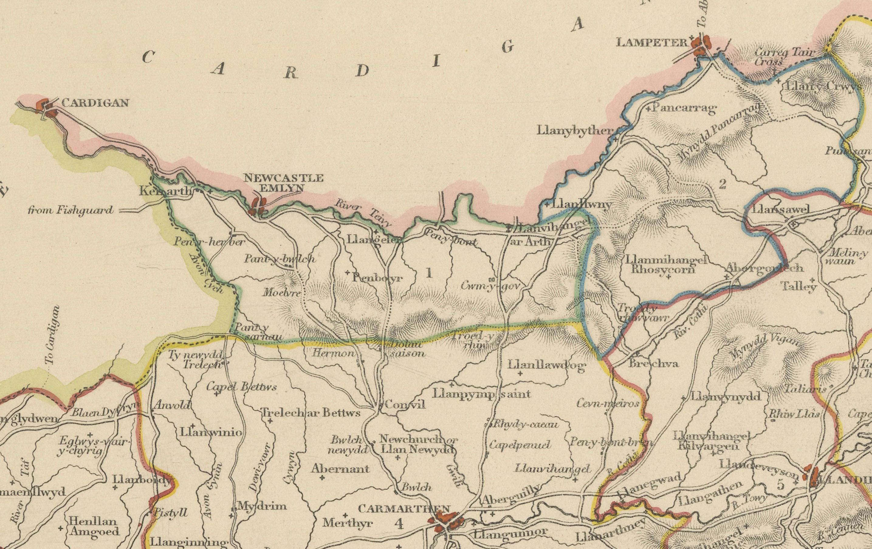 Map of Carmarthenshire 1844 – Carmarthen Llandeilo Llanelli Laugharne Llandovery In Good Condition For Sale In Langweer, NL