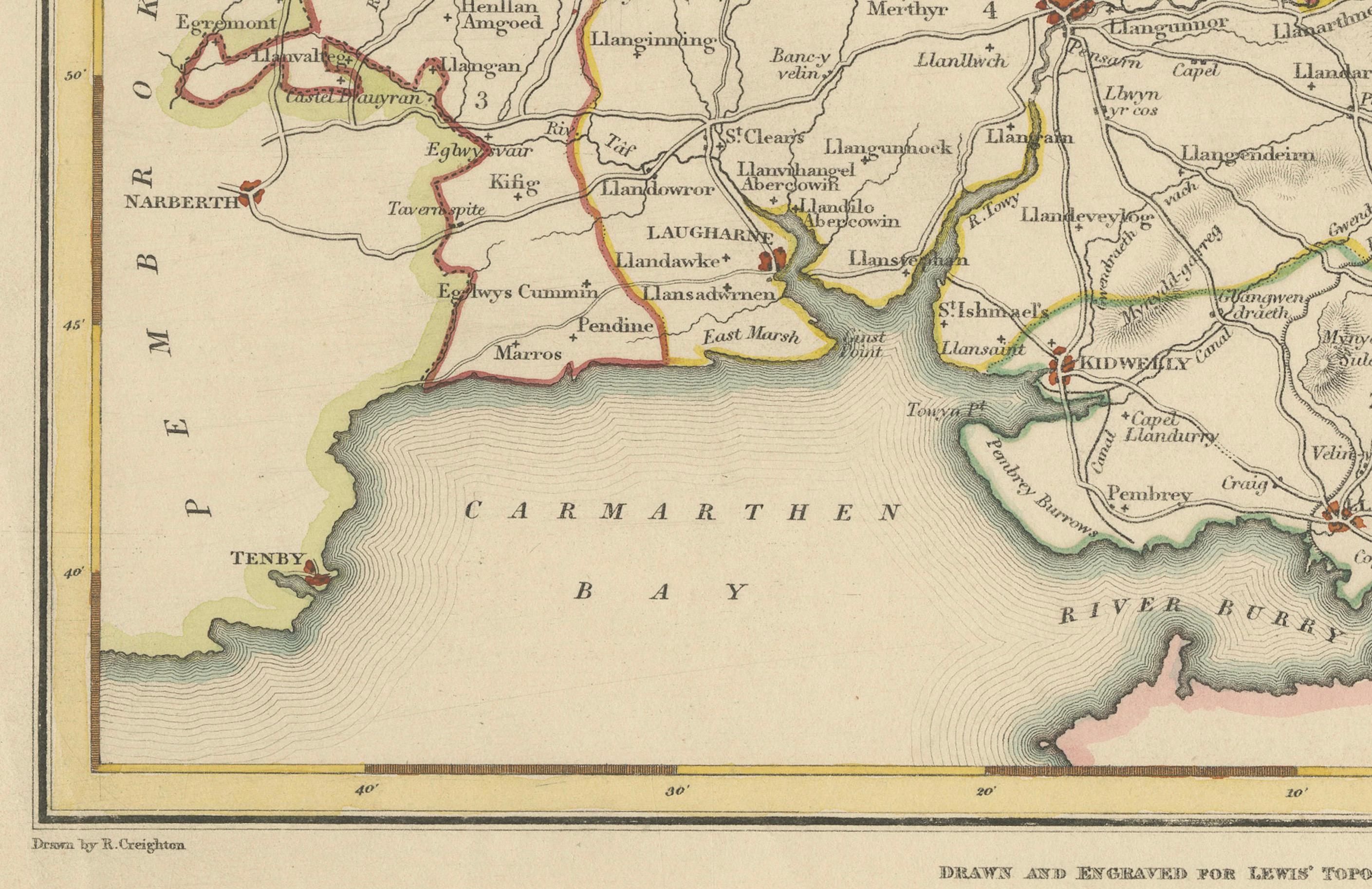 Mid-19th Century Map of Carmarthenshire 1844 – Carmarthen Llandeilo Llanelli Laugharne Llandovery For Sale