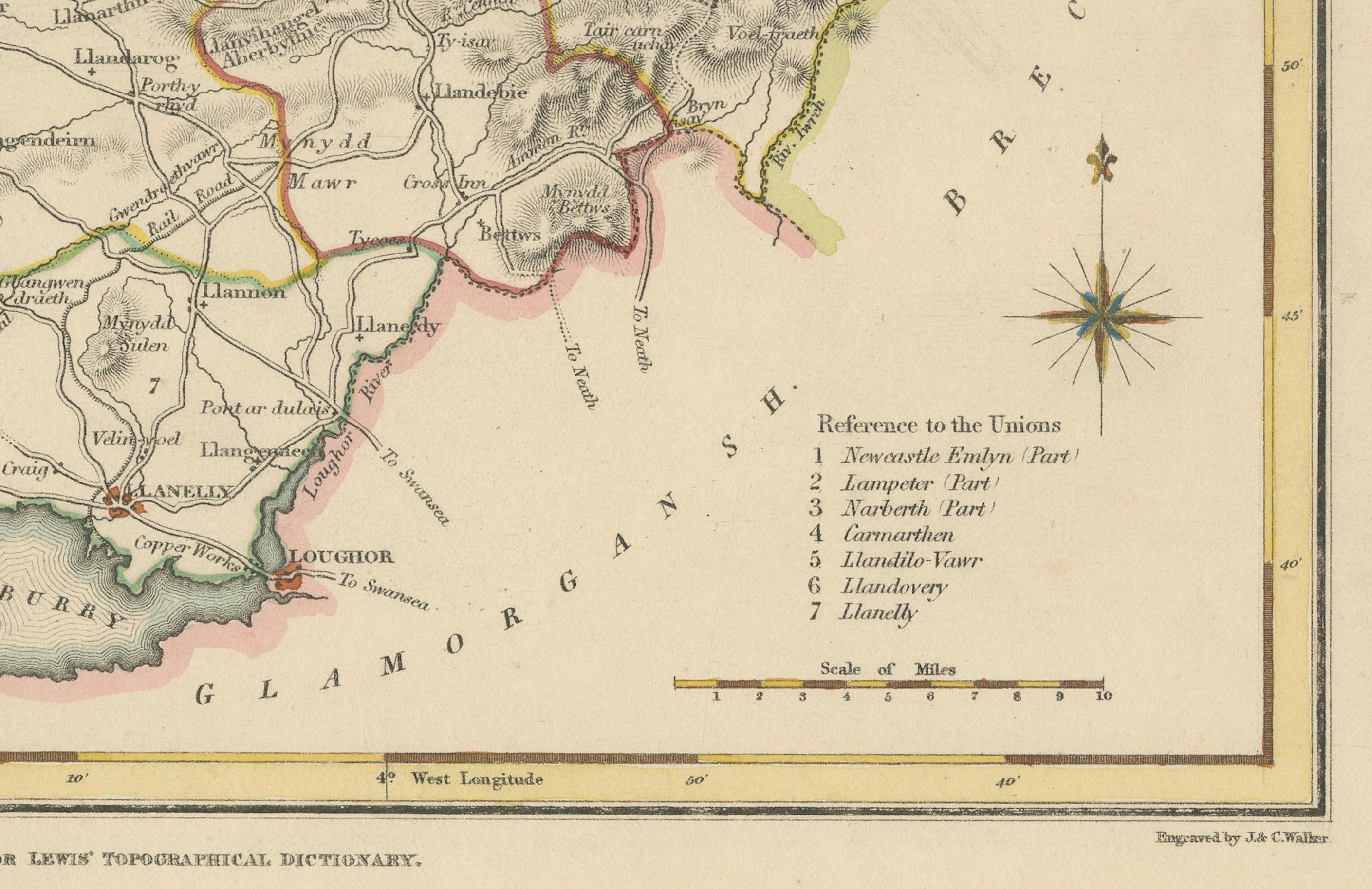 Paper Map of Carmarthenshire 1844 – Carmarthen Llandeilo Llanelli Laugharne Llandovery For Sale