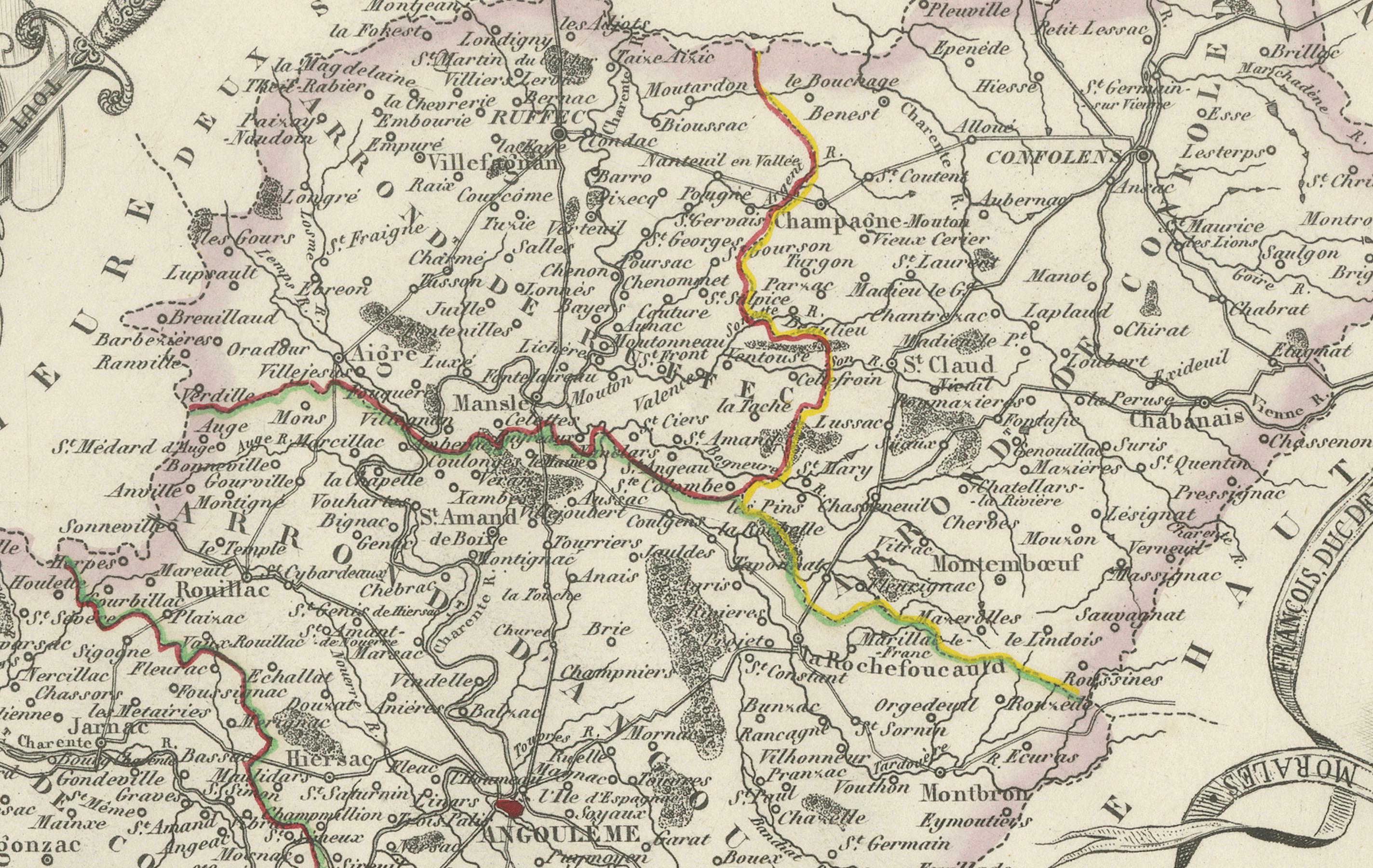 Map of Charente France with Cognac Region and Château de La Rochefoucauld, 19th c

Description:
This richly illustrated 19th-century map of the Charente department in southwestern France was published in Paris by Migeon as part of the *Nouvel Atlas