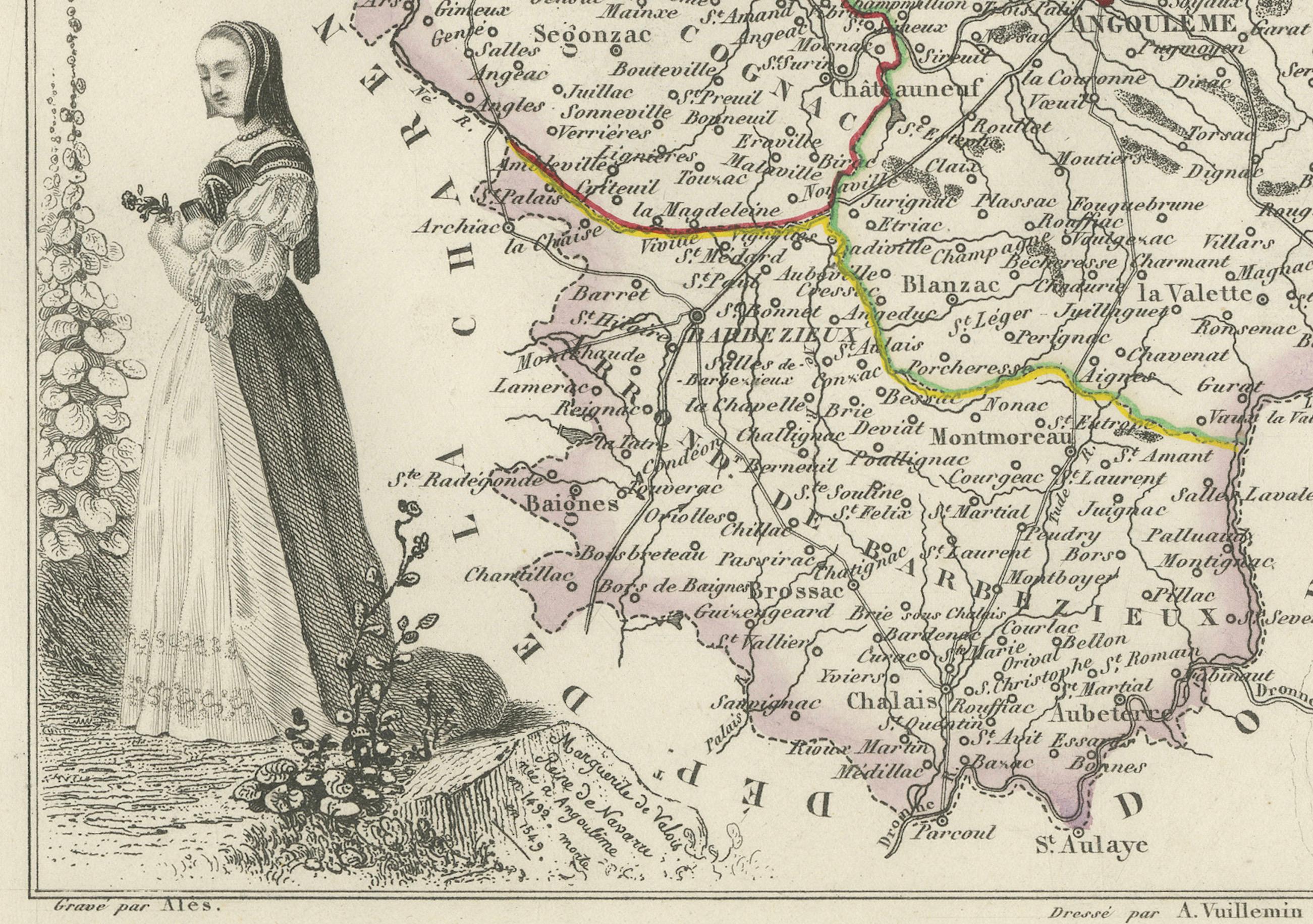 French Map of Charente France with Cognac Region and Château de La Rochefoucauld, 1850 For Sale