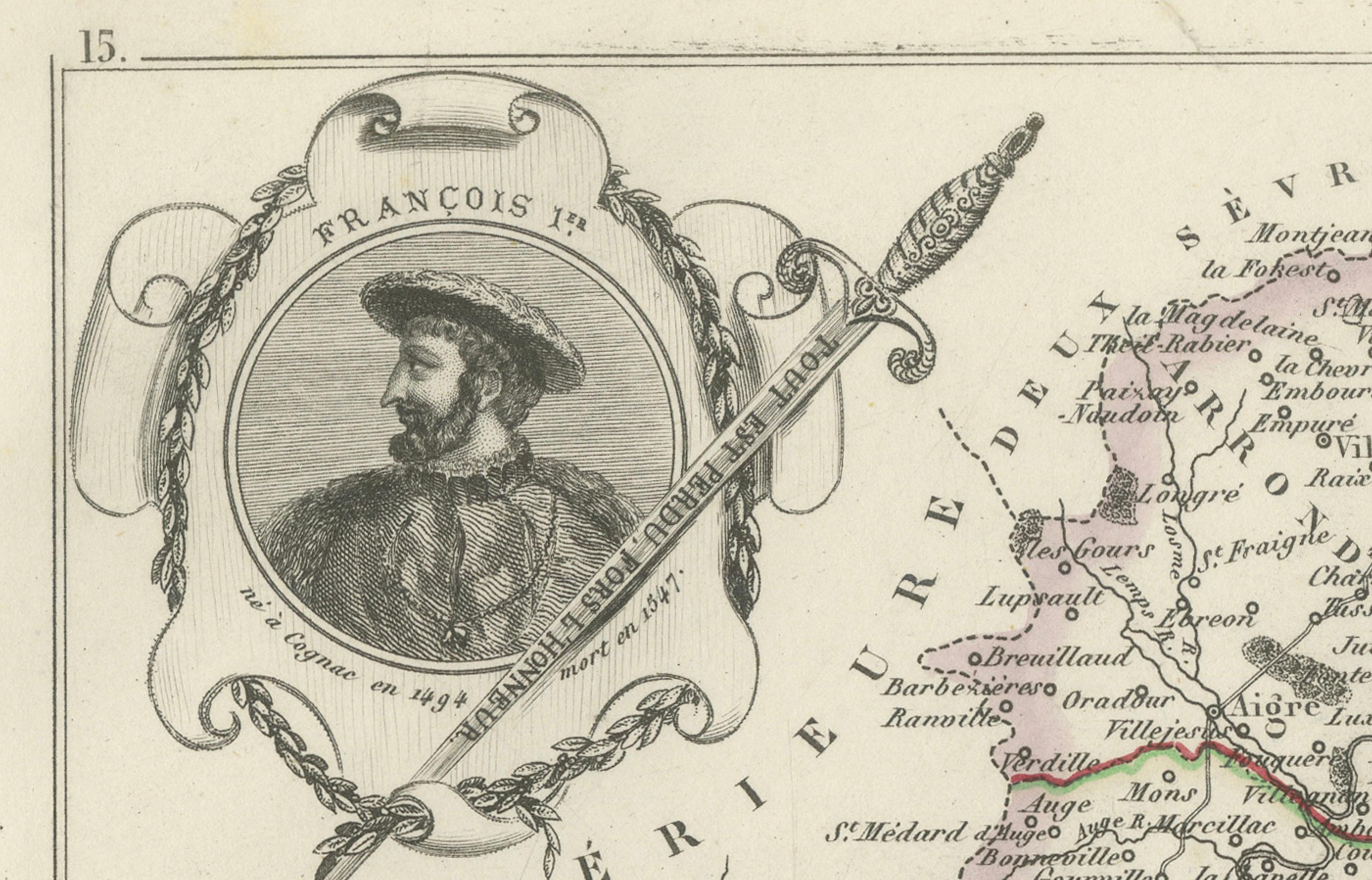 Engraved Map of Charente France with Cognac Region and Château de La Rochefoucauld, 1850 For Sale