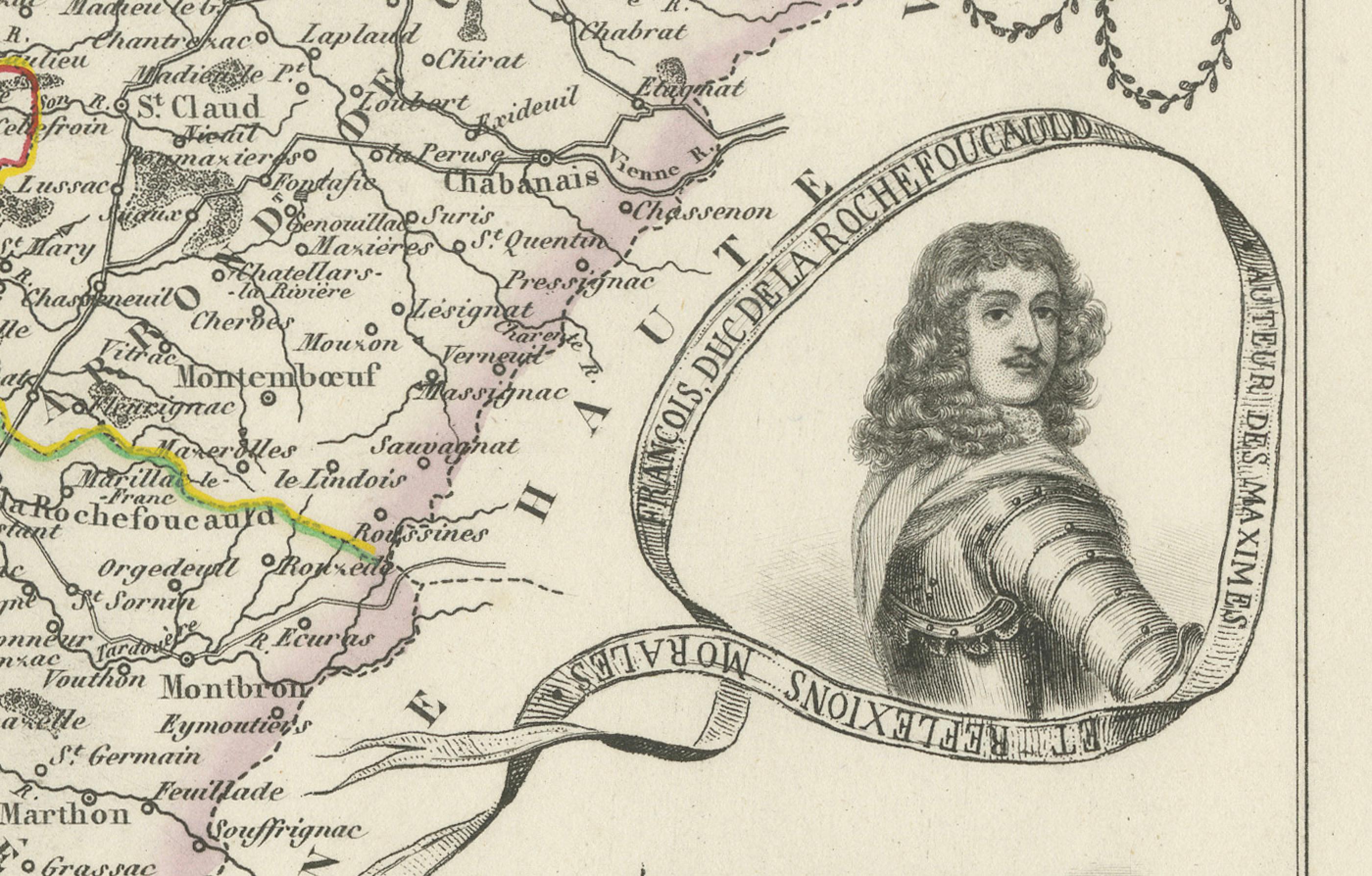 19th Century Map of Charente France with Cognac Region and Château de La Rochefoucauld, 1850 For Sale