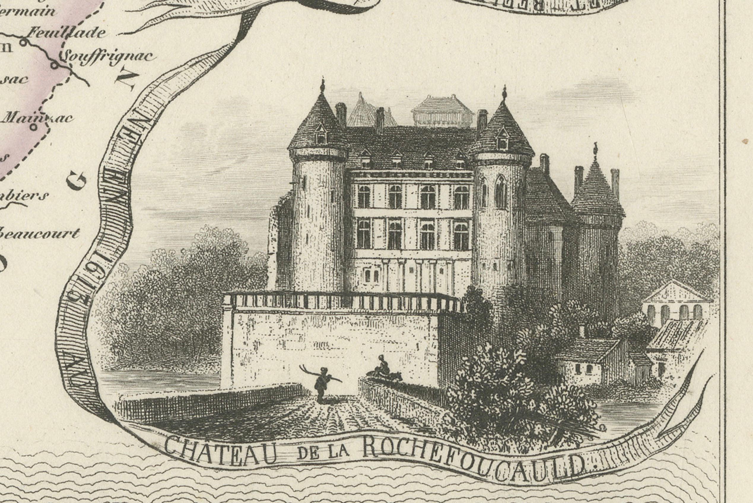 Paper Map of Charente France with Cognac Region and Château de La Rochefoucauld, 1850 For Sale