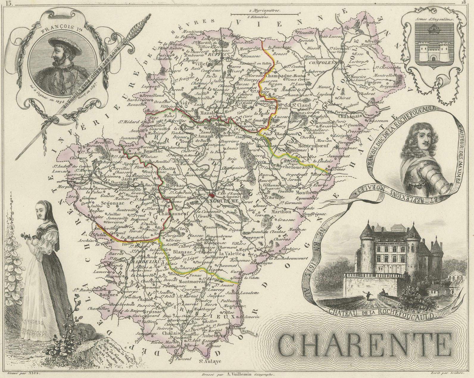 Map of Charente France with Cognac Region and Château de La Rochefoucauld, 1850 For Sale 1