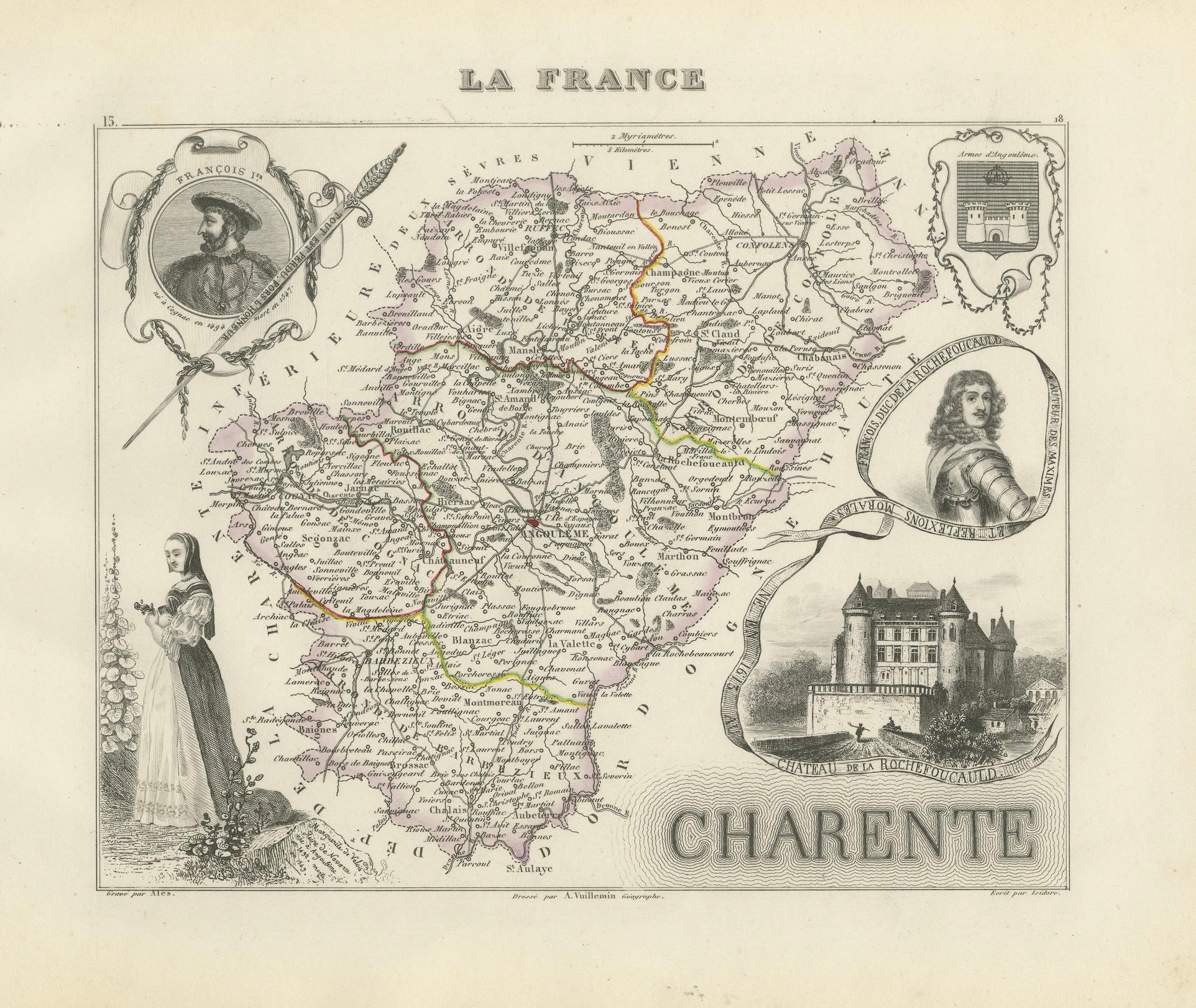 Map of Charente France with Cognac Region and Château de La Rochefoucauld, 1850 For Sale 2