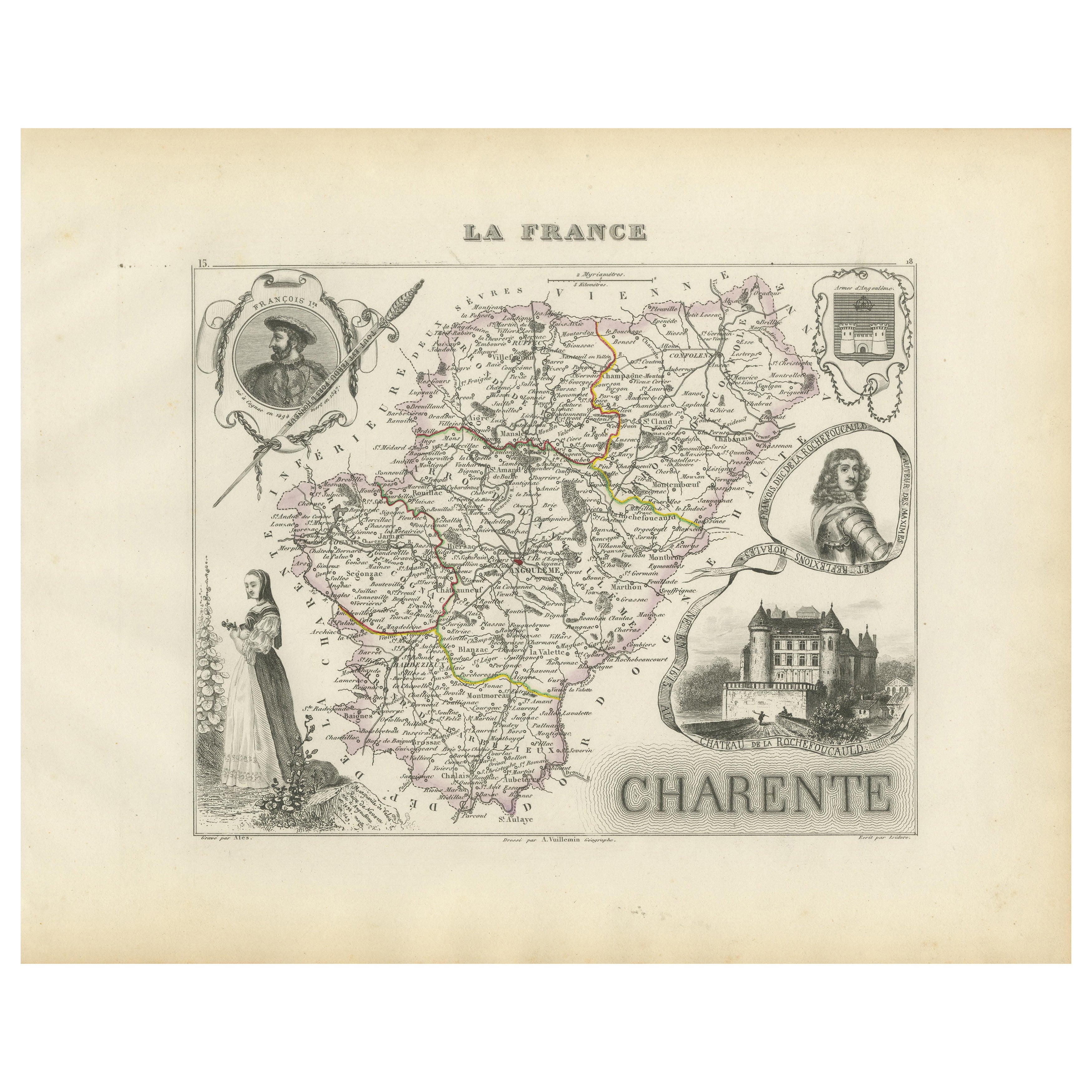 Map of Charente France with Cognac Region and Château de La Rochefoucauld, 1850