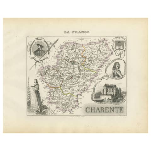 Map of Charente France with Cognac Region and Château de La Rochefoucauld, 1850