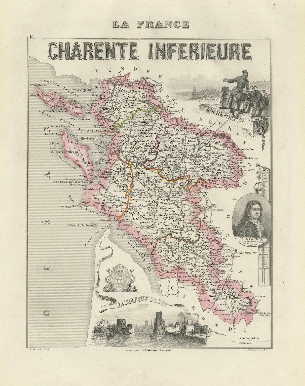 Map of Charente-Inférieure France with La Rochelle and Coastal Vineyards, 19th c

Description:
This decorative 19th-century map of the former department of Charente-Inférieure, now known as Charente-Maritime, was published in Paris by Migeon as part