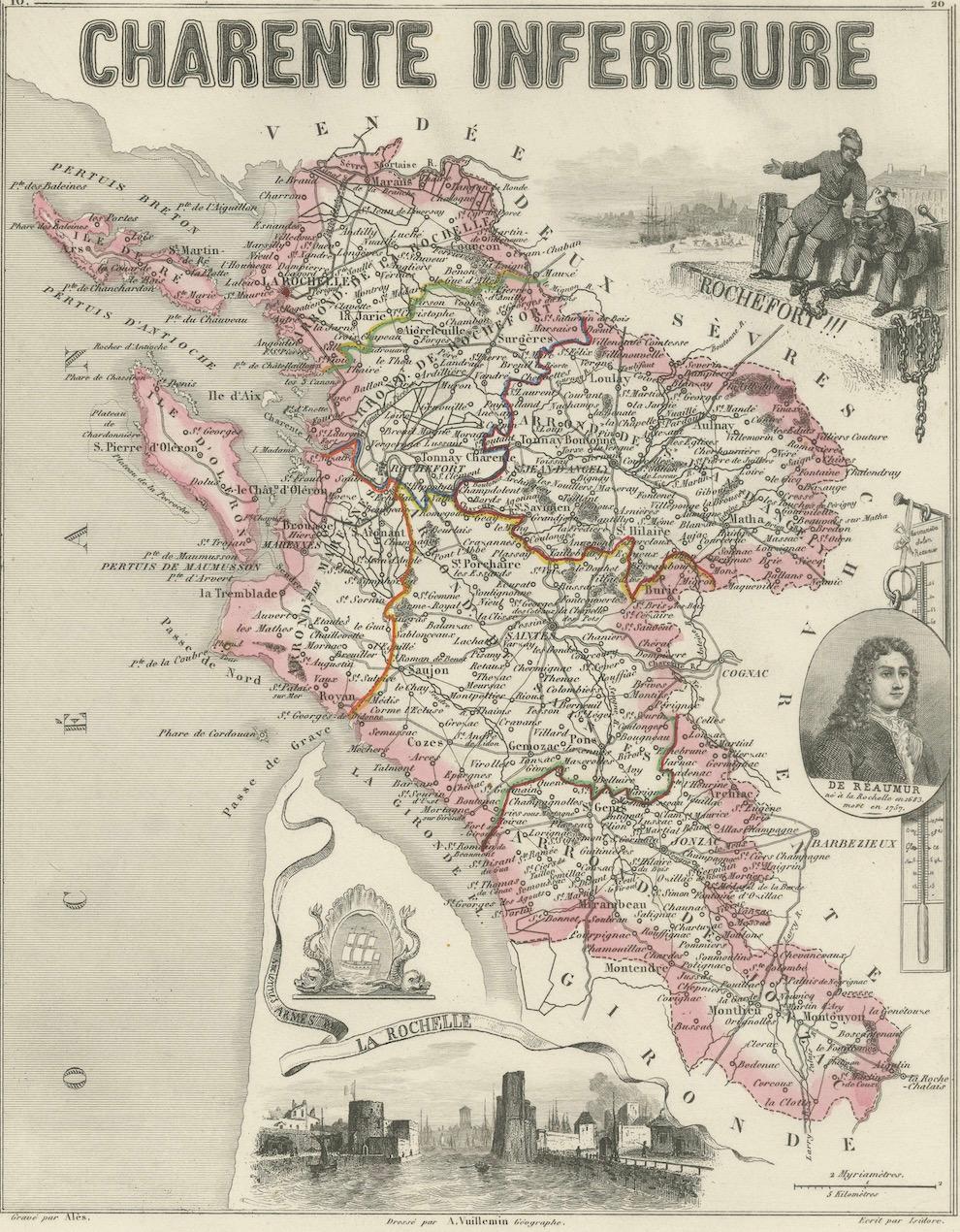 French Map of Charente-Inférieure France with La Rochelle and Coastal Vineyards, c.1850 For Sale