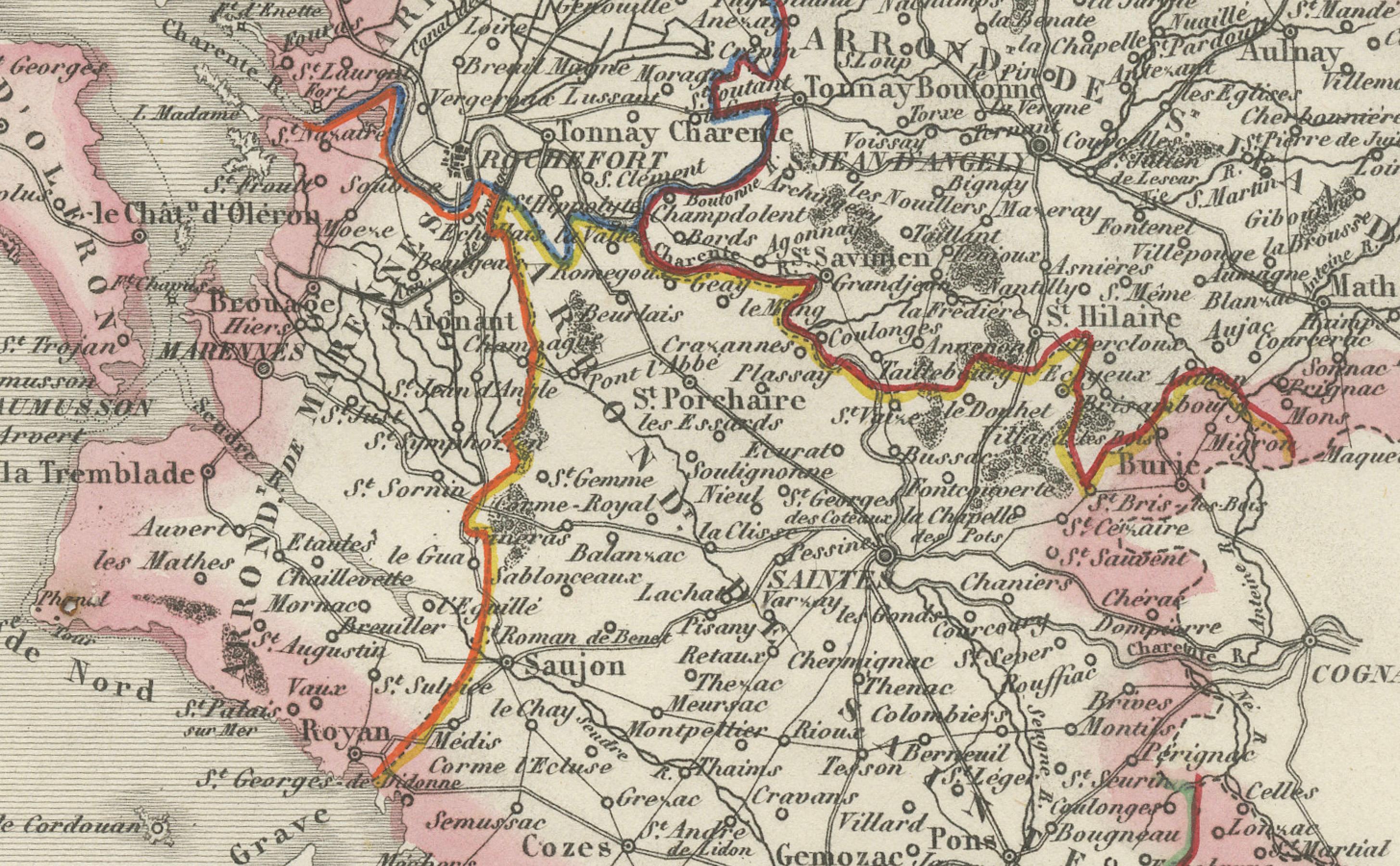 Paper Map of Charente-Inférieure France with La Rochelle and Coastal Vineyards, c.1850 For Sale