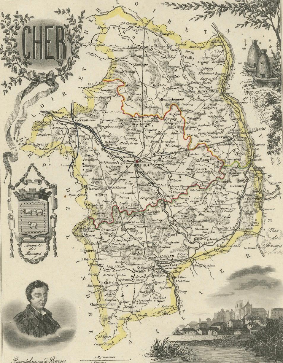 French Map of Cher France with Bourges, Sancerre Vineyards and Engraved Vignettes, 1850 For Sale