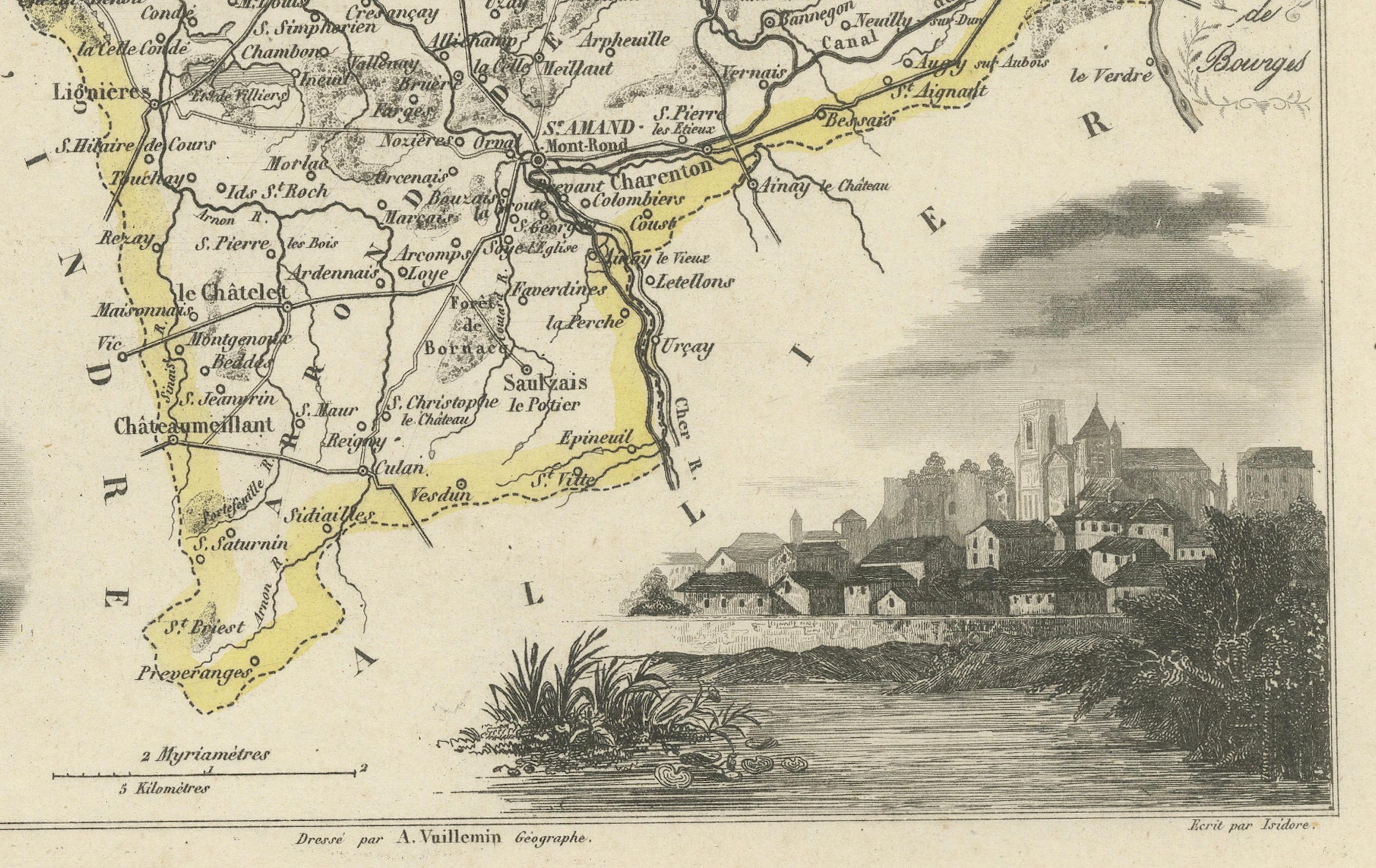 Map of Cher France with Bourges, Sancerre Vineyards and Engraved Vignettes, 1850 In Good Condition For Sale In Langweer, NL