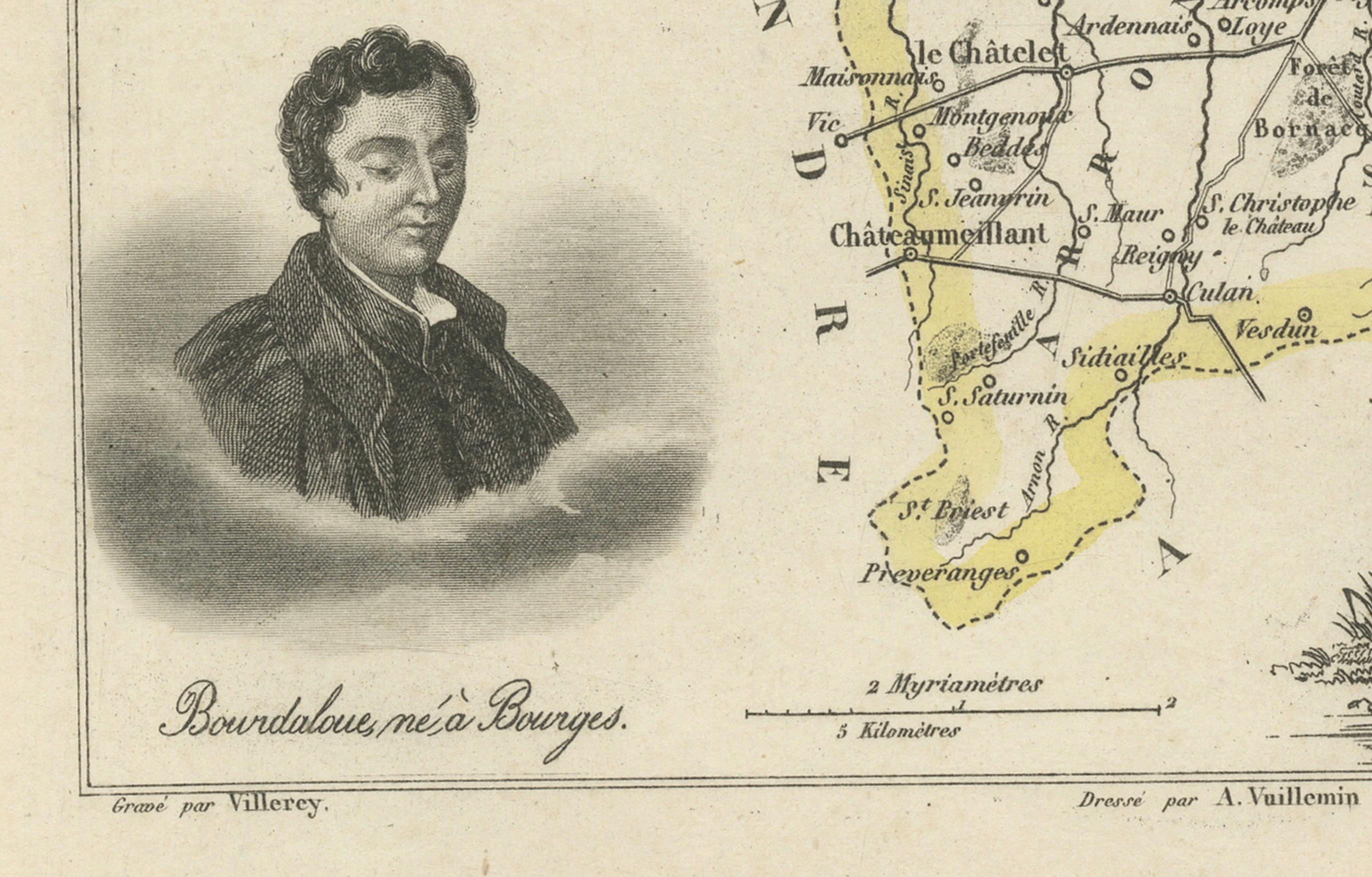 19th Century Map of Cher France with Bourges, Sancerre Vineyards and Engraved Vignettes, 1850 For Sale