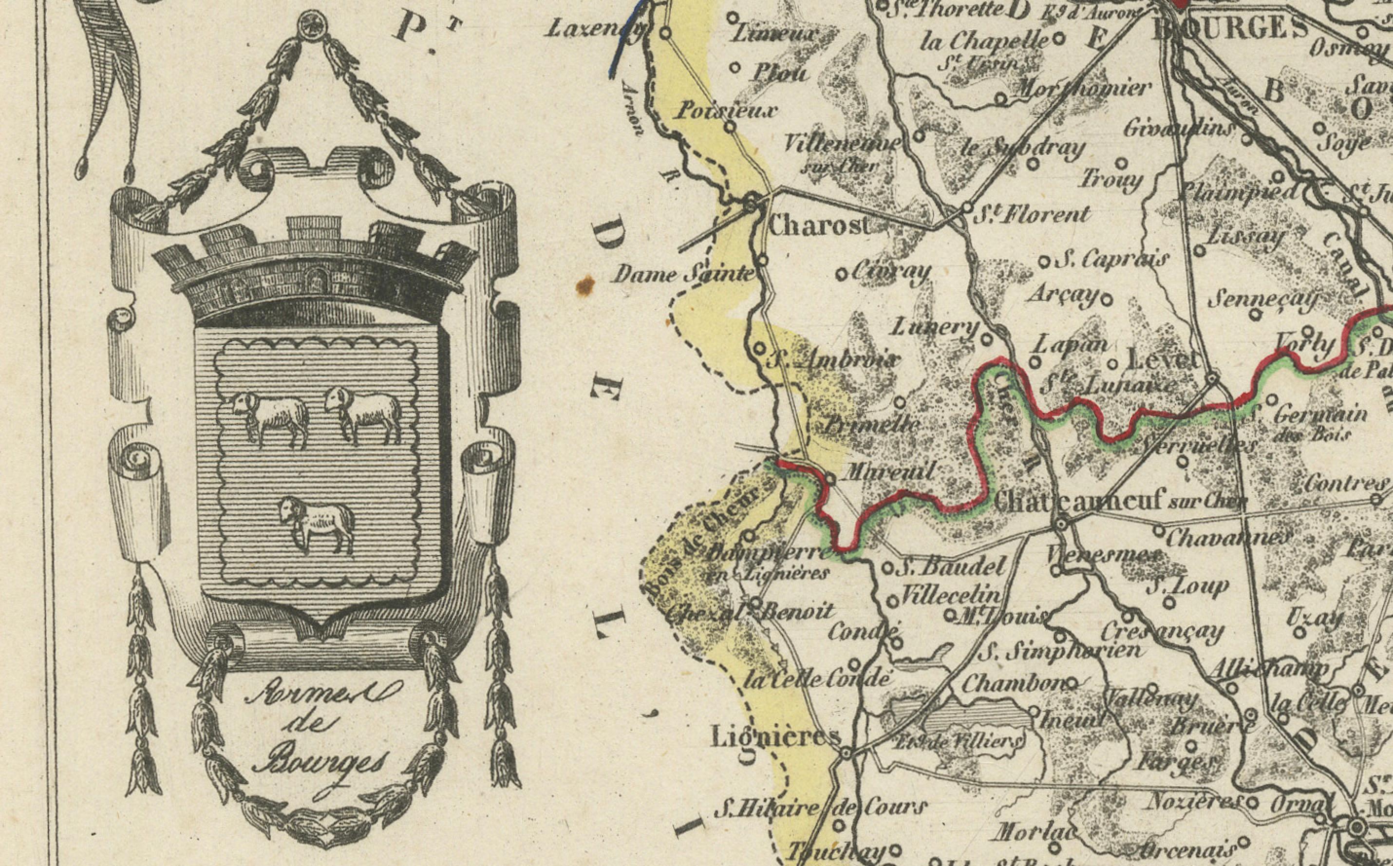 Paper Map of Cher France with Bourges, Sancerre Vineyards and Engraved Vignettes, 1850 For Sale