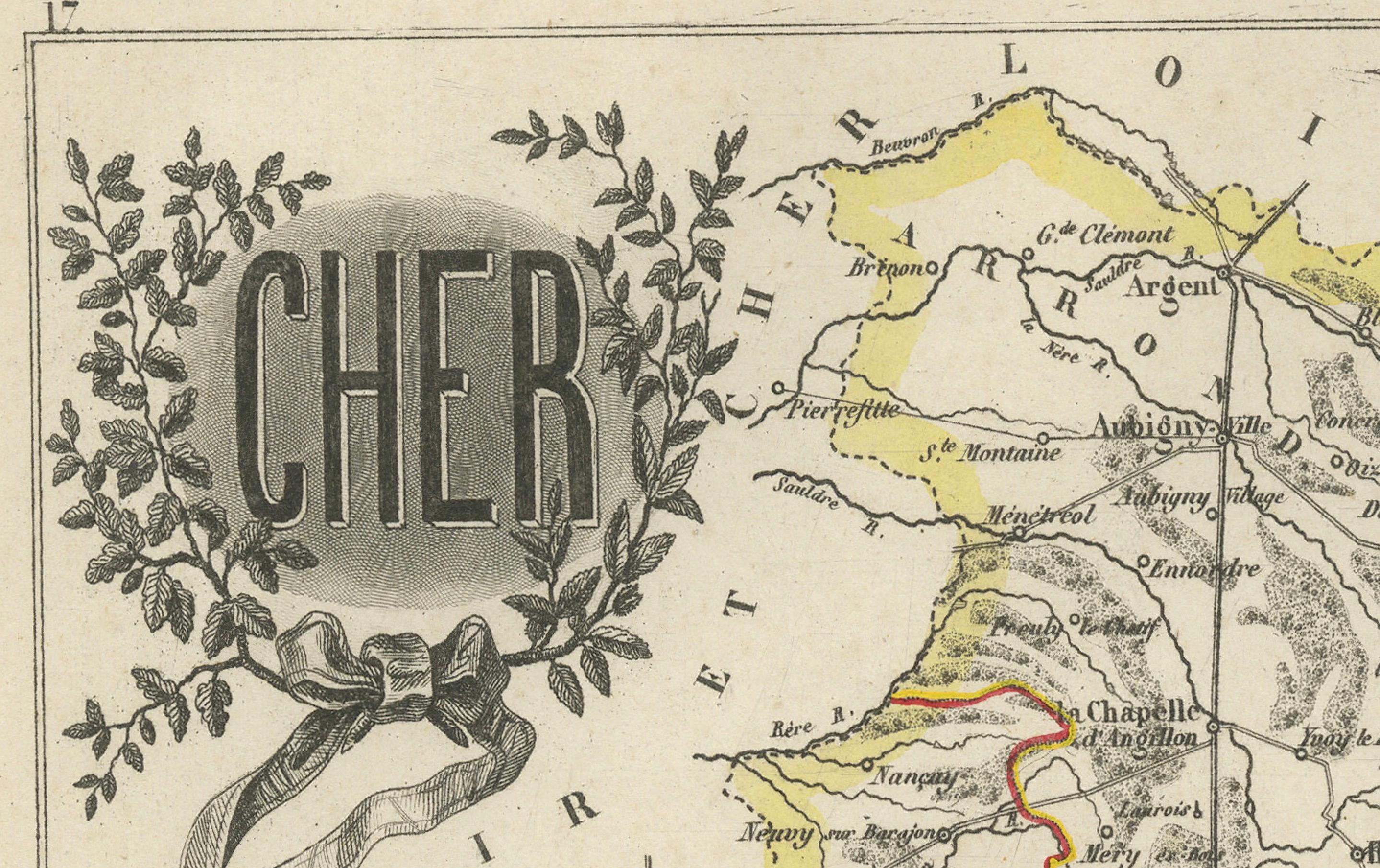 Map of Cher France with Bourges, Sancerre Vineyards and Engraved Vignettes, 1850 For Sale 1