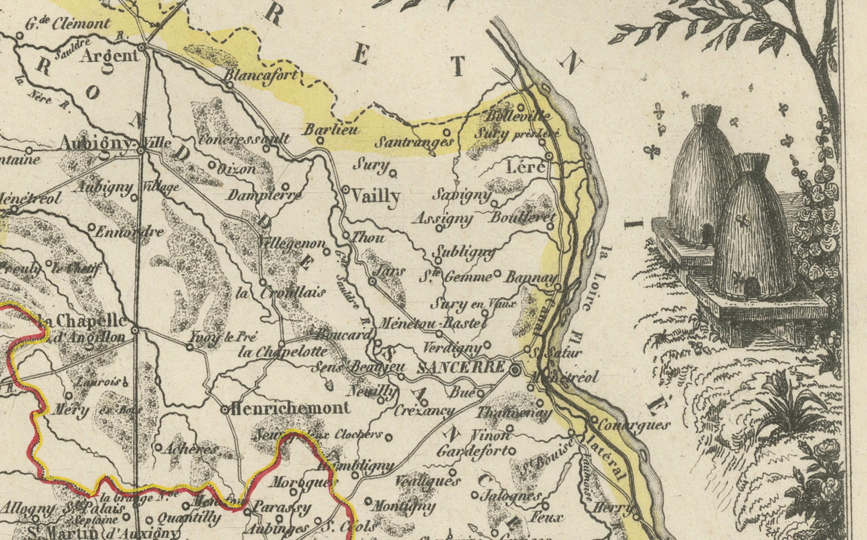 Map of Cher France with Bourges, Sancerre Vineyards and Engraved Vignettes, 1850 For Sale 2