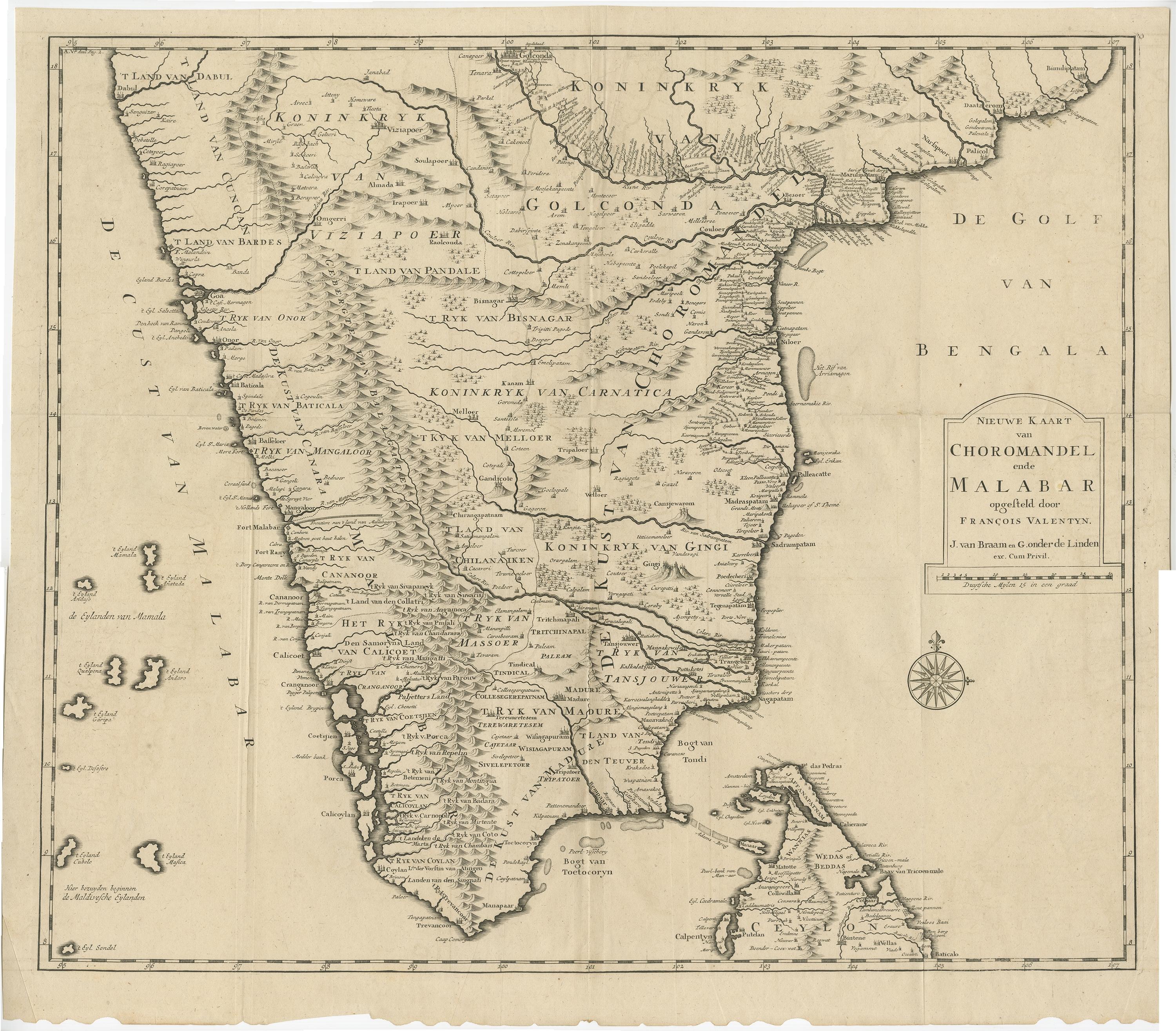 Antique map titled 'Nieuwe kaart van Choromandel ende Malabar.' 

Original antique map of Southern India documenting the VOC's areas of influence. Included is Kerala, Tamil Nadu and the northern edge of Sri Lanka. This map originates from 'Oud en