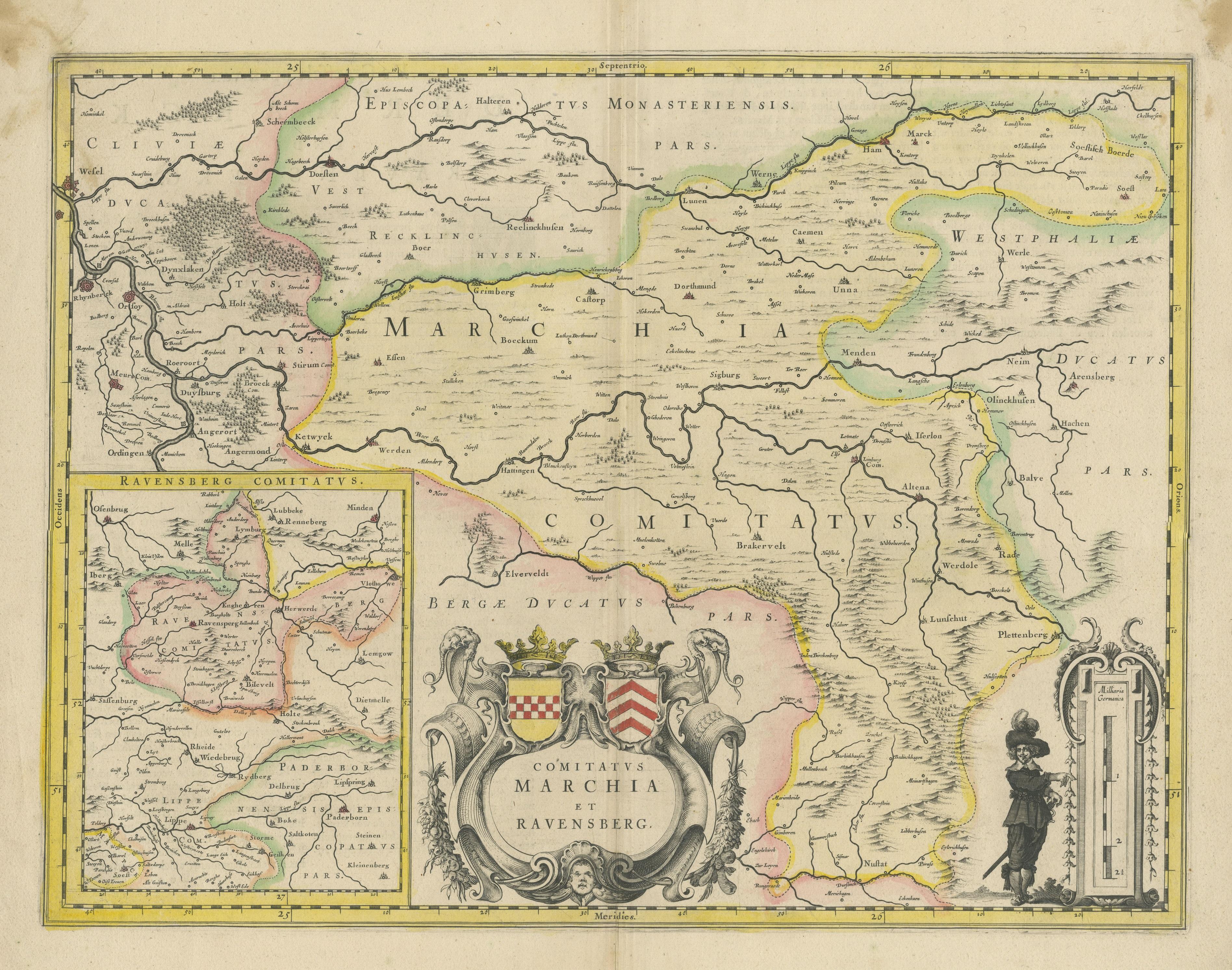 Mappa del Comitatus Marchia et Ravensberg: Contee storiche in Germania, c.1660 In condizioni buone in vendita a Langweer, NL