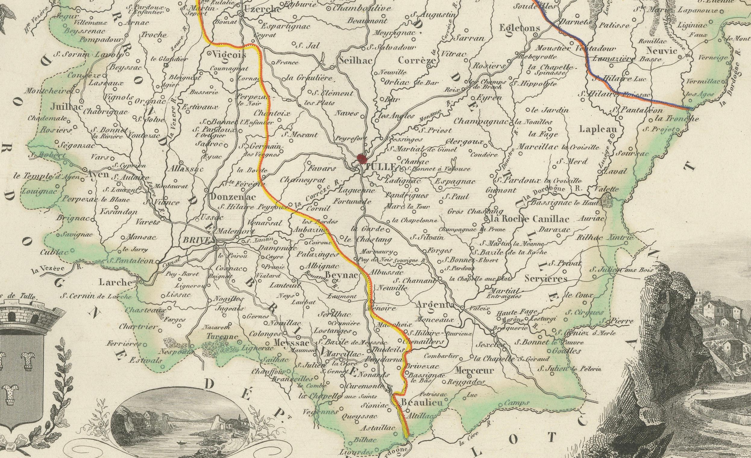 
Map of Corrèze France with Brive, Tulle and Dordogne River Landscape

Description:
This finely detailed 19th-century map of the Corrèze department in southwestern France was published by Migeon in Paris and drawn by Alexandre Vuillemin for the
