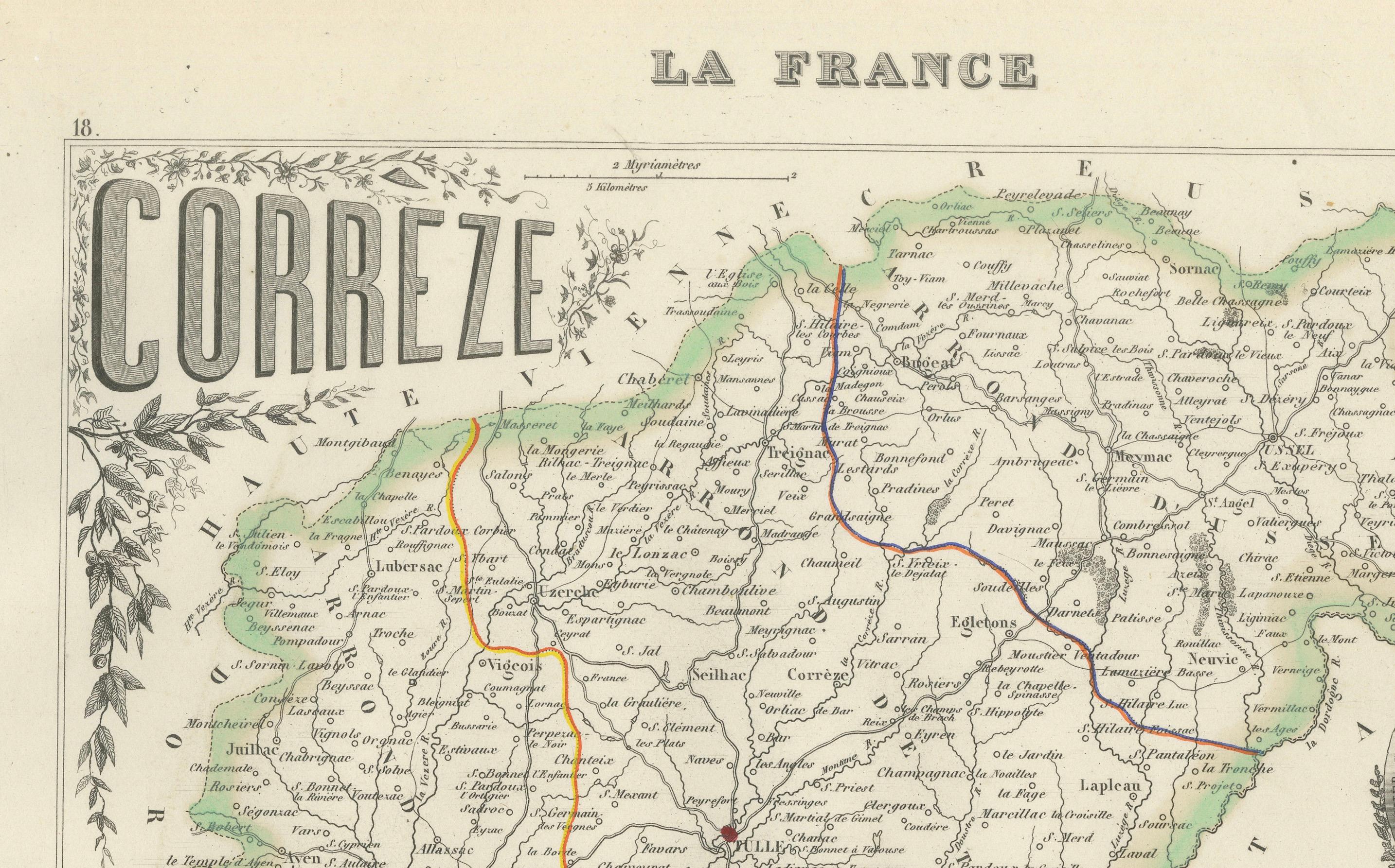 French Map of Corrèze France with Brive, Tulle and Dordogne River Landscape, c.1850 For Sale