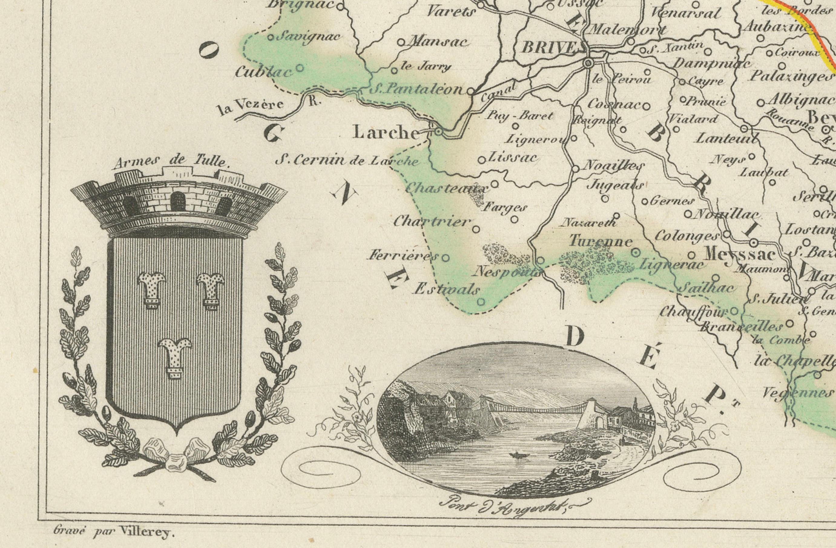 Engraved Map of Corrèze France with Brive, Tulle and Dordogne River Landscape, c.1850 For Sale