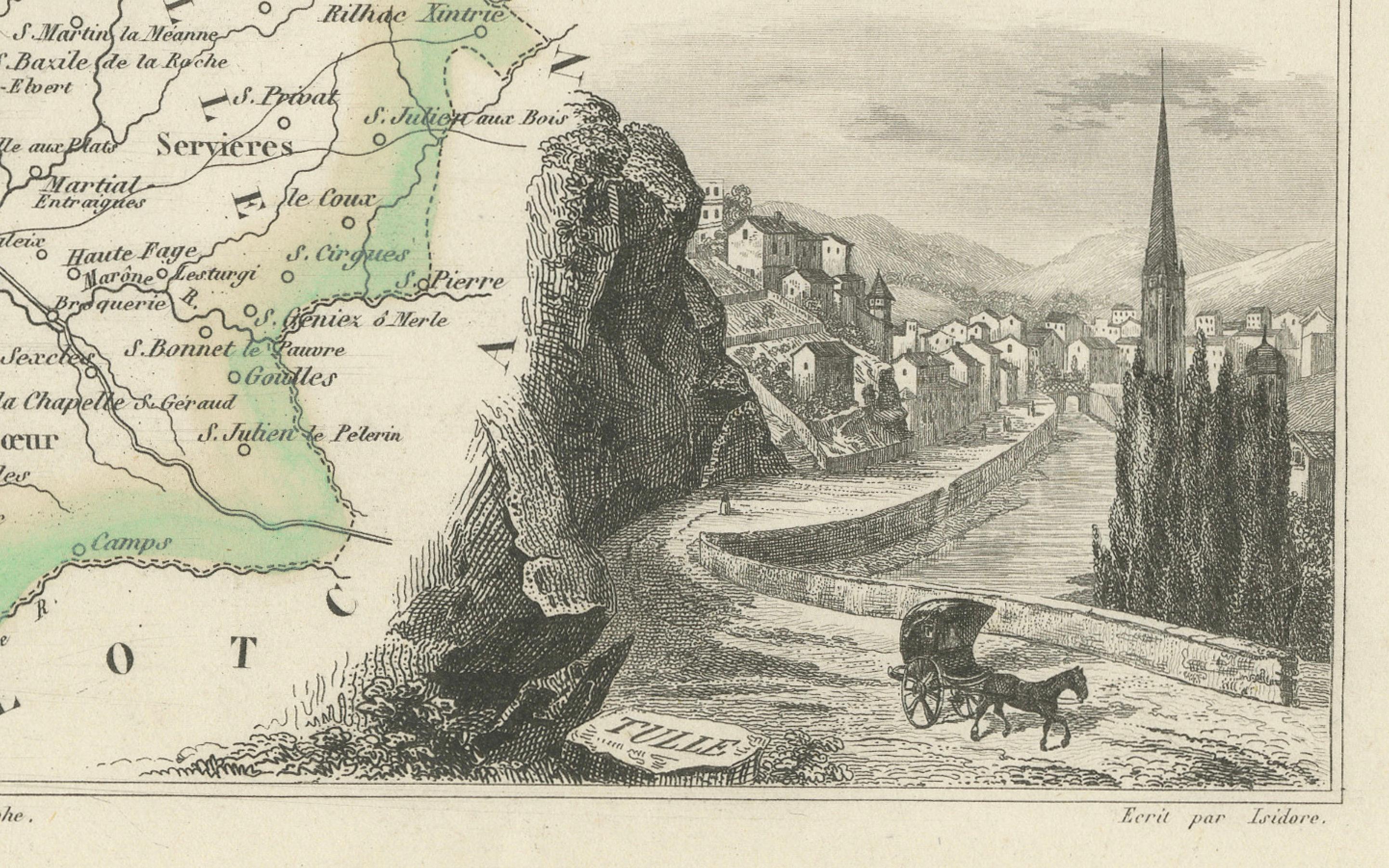 Map of Corrèze France with Brive, Tulle and Dordogne River Landscape, c.1850 In Good Condition For Sale In Langweer, NL