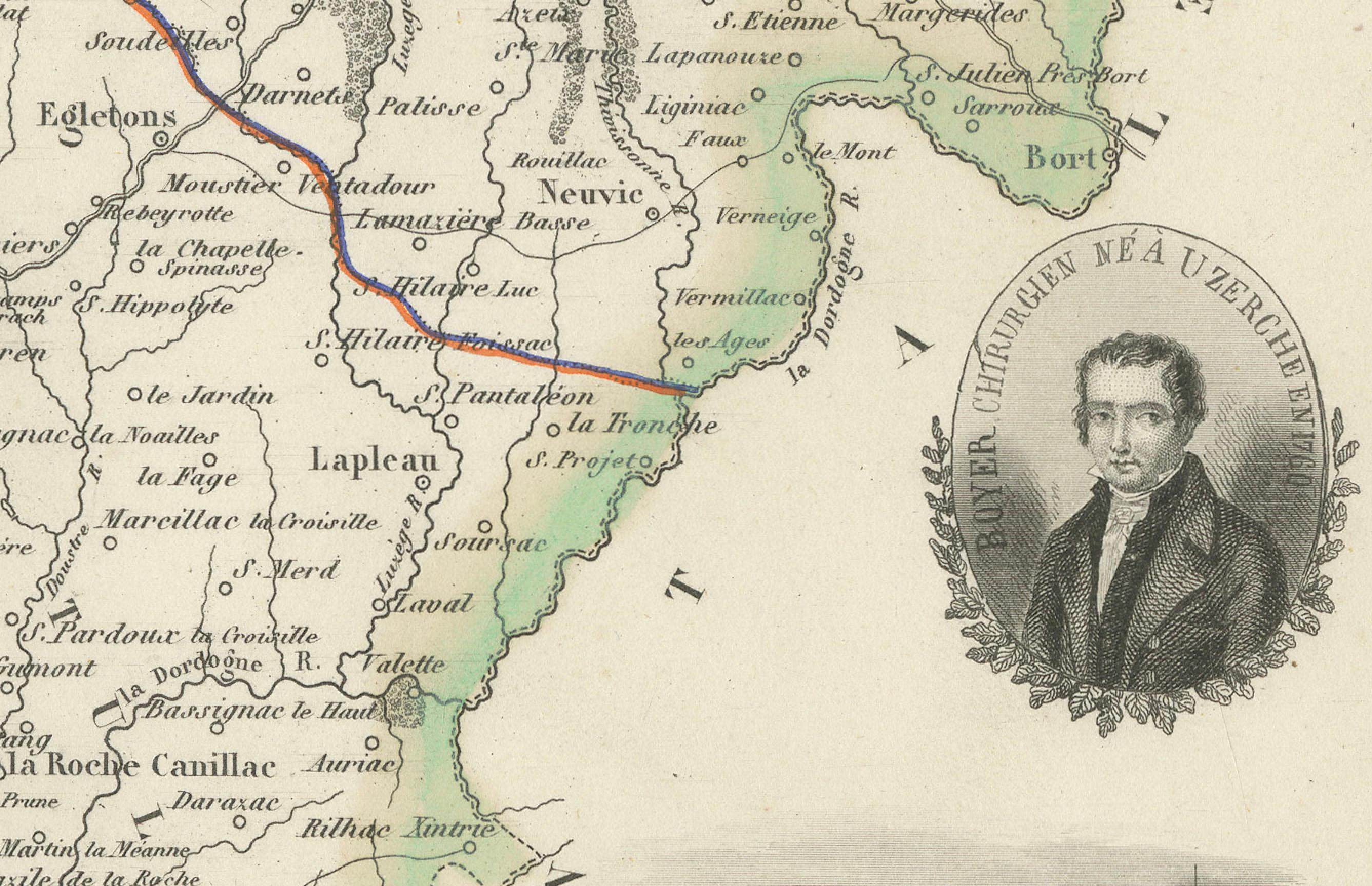 19th Century Map of Corrèze France with Brive, Tulle and Dordogne River Landscape, c.1850 For Sale