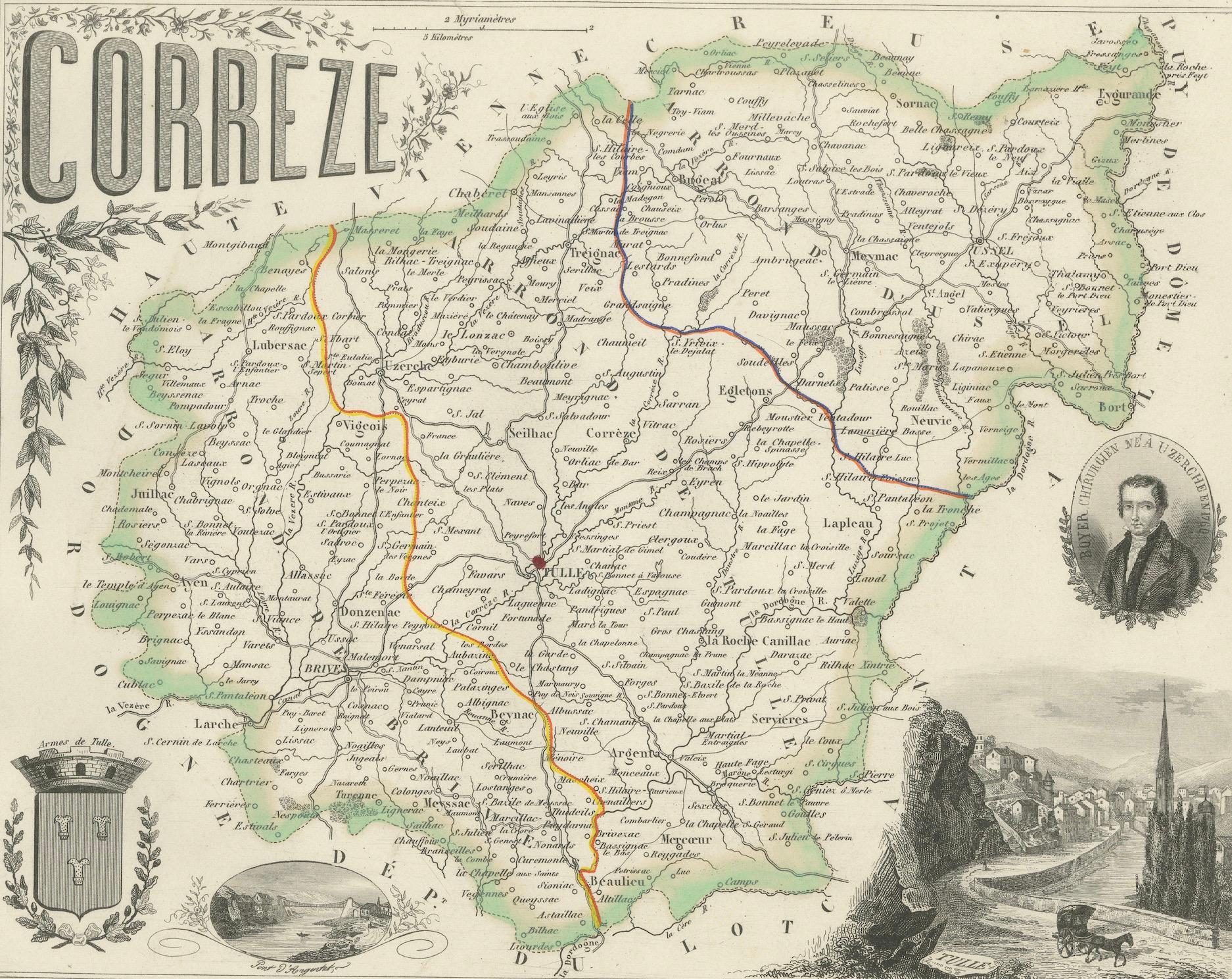 Paper Map of Corrèze France with Brive, Tulle and Dordogne River Landscape, c.1850 For Sale